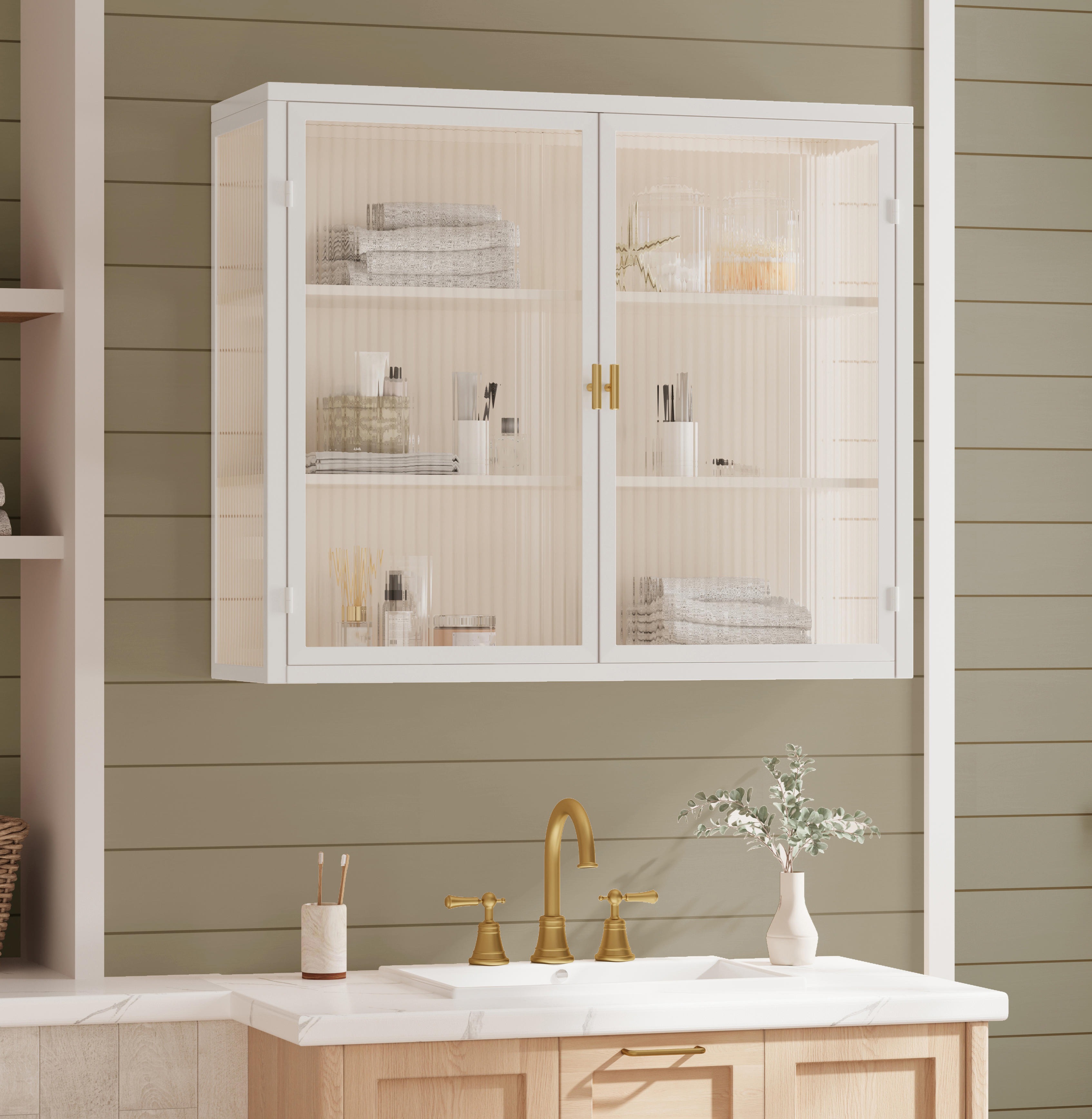 Buffet Murale Salle De Bains Blanc, Meuble Suspension Metal Verre, Rangement Multi-Usage Avec 3 Etageres 70x60