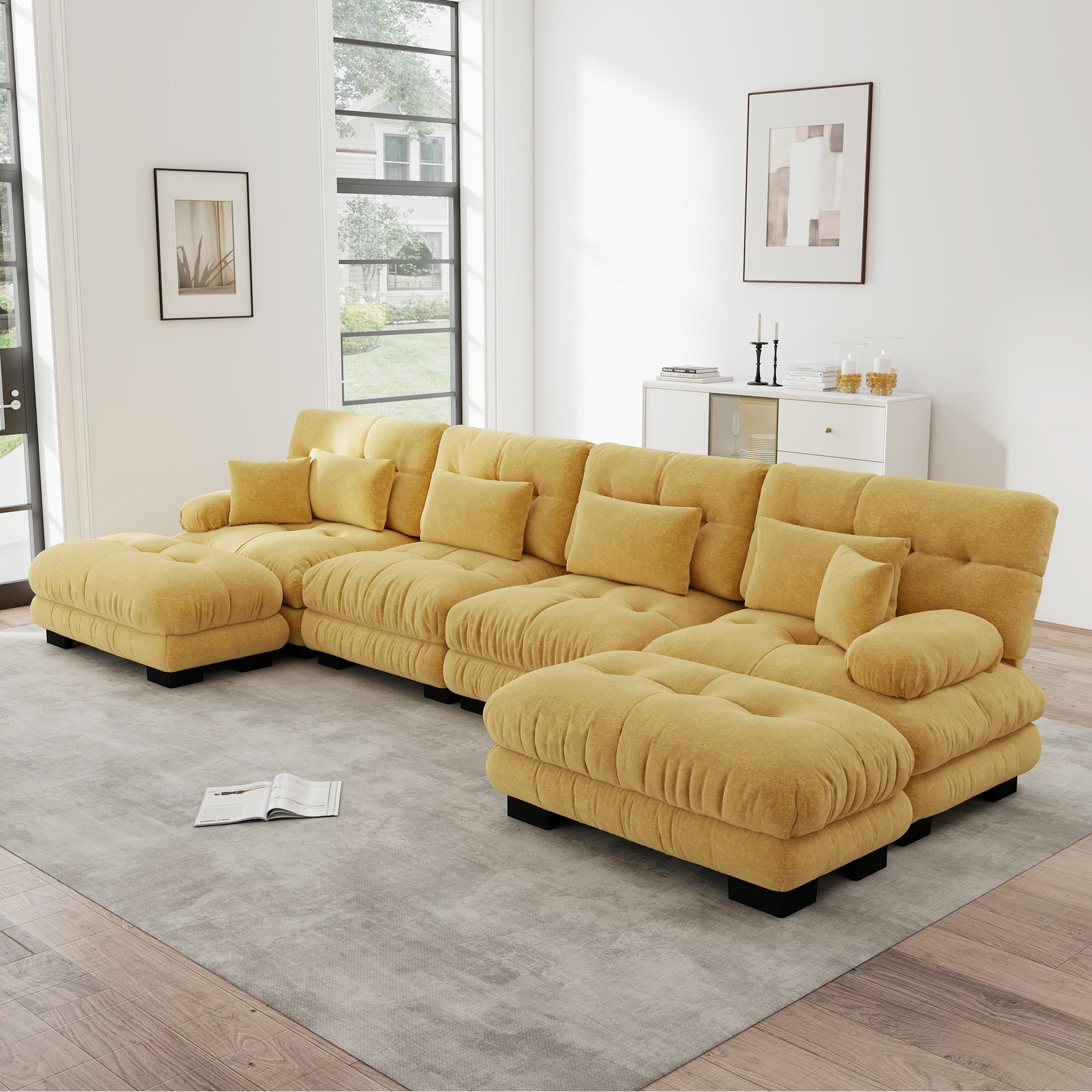 Canapé d'Angle 4 Places Grand Format 406x145x81 cm, Canapé Modulable en Chenille Jaune avec Ottoman Inclus