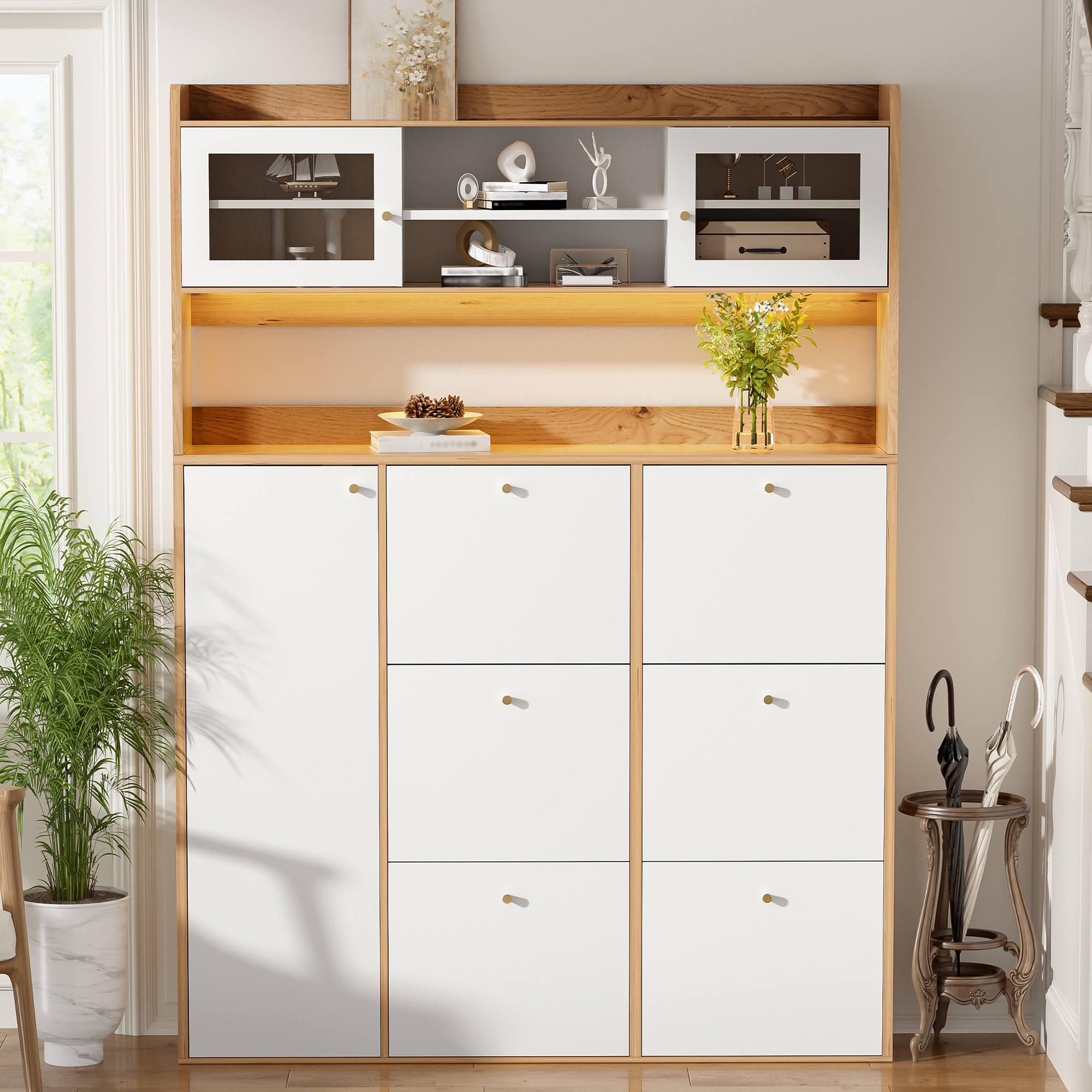 Meuble à chaussures étroit 130x25x85 cm avec LED ajustable et façade vitrée, rangement modulaire pour couloir