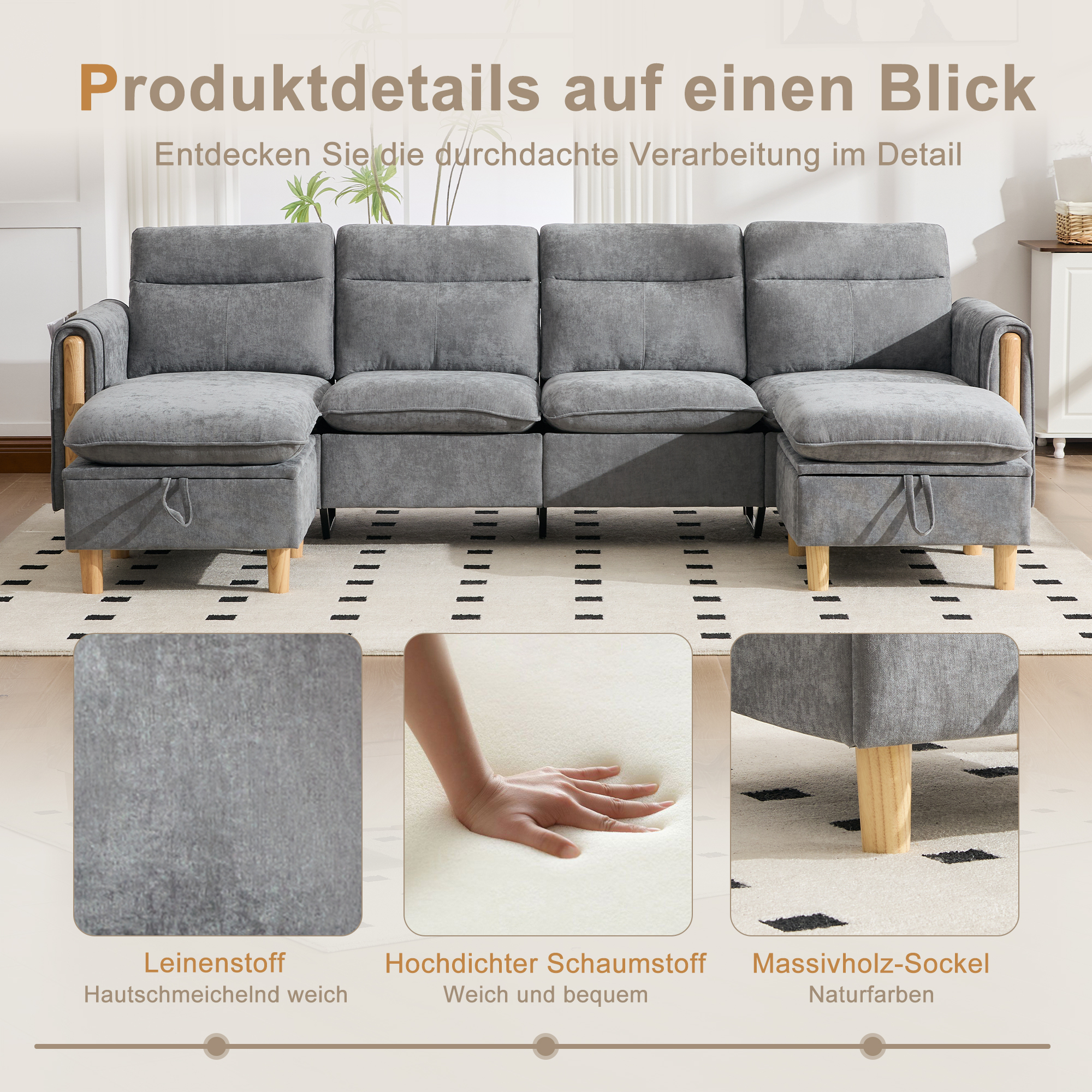 Tissu chenille et pieds en bois massif