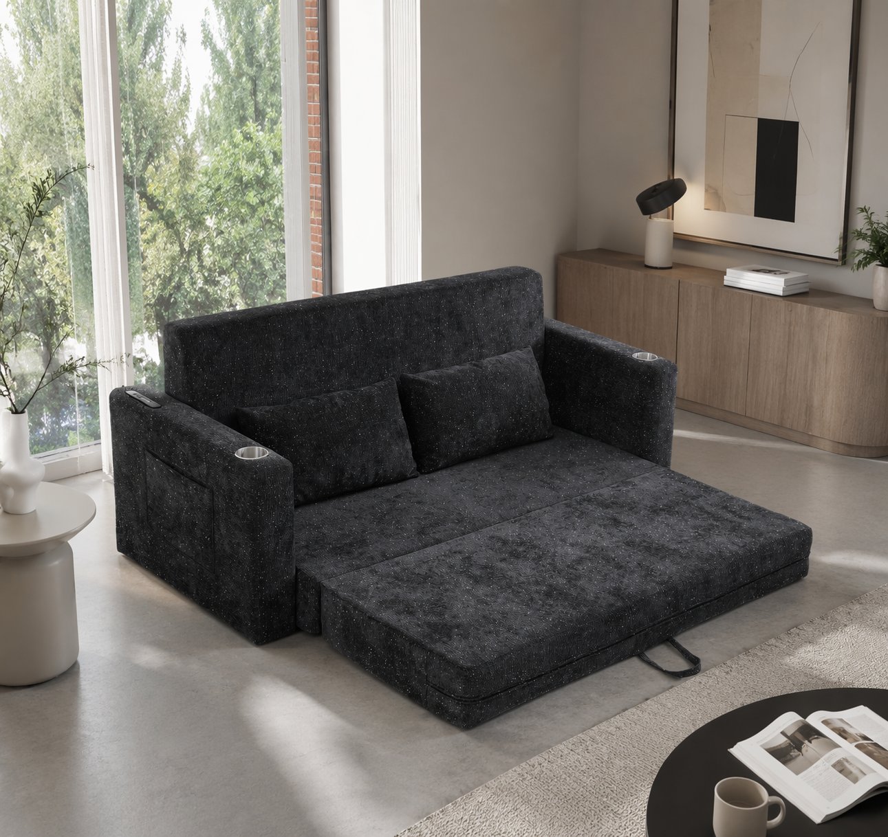 Canapé-lit 2 places en tissu chenille noir et gris, convertible avec ports USB, poches magazines et coussins inclus, dimensions 153x77x65 cm