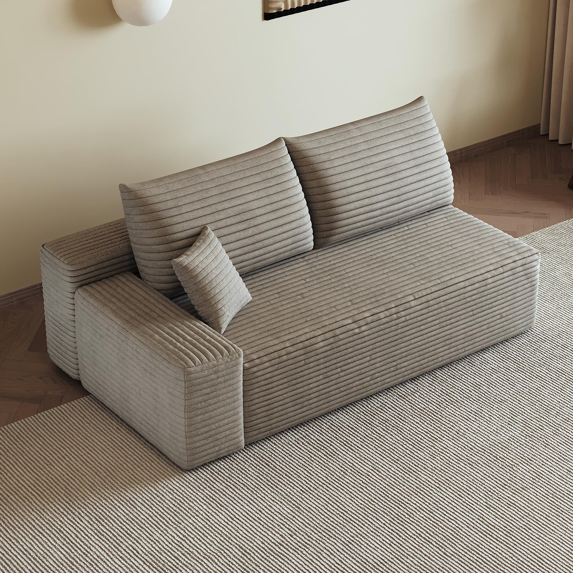 Canapé 2 places Camel en tissu velours côtelé, structure sans montage, dimensions 175x95x83 cm pour salon moderne et confortable