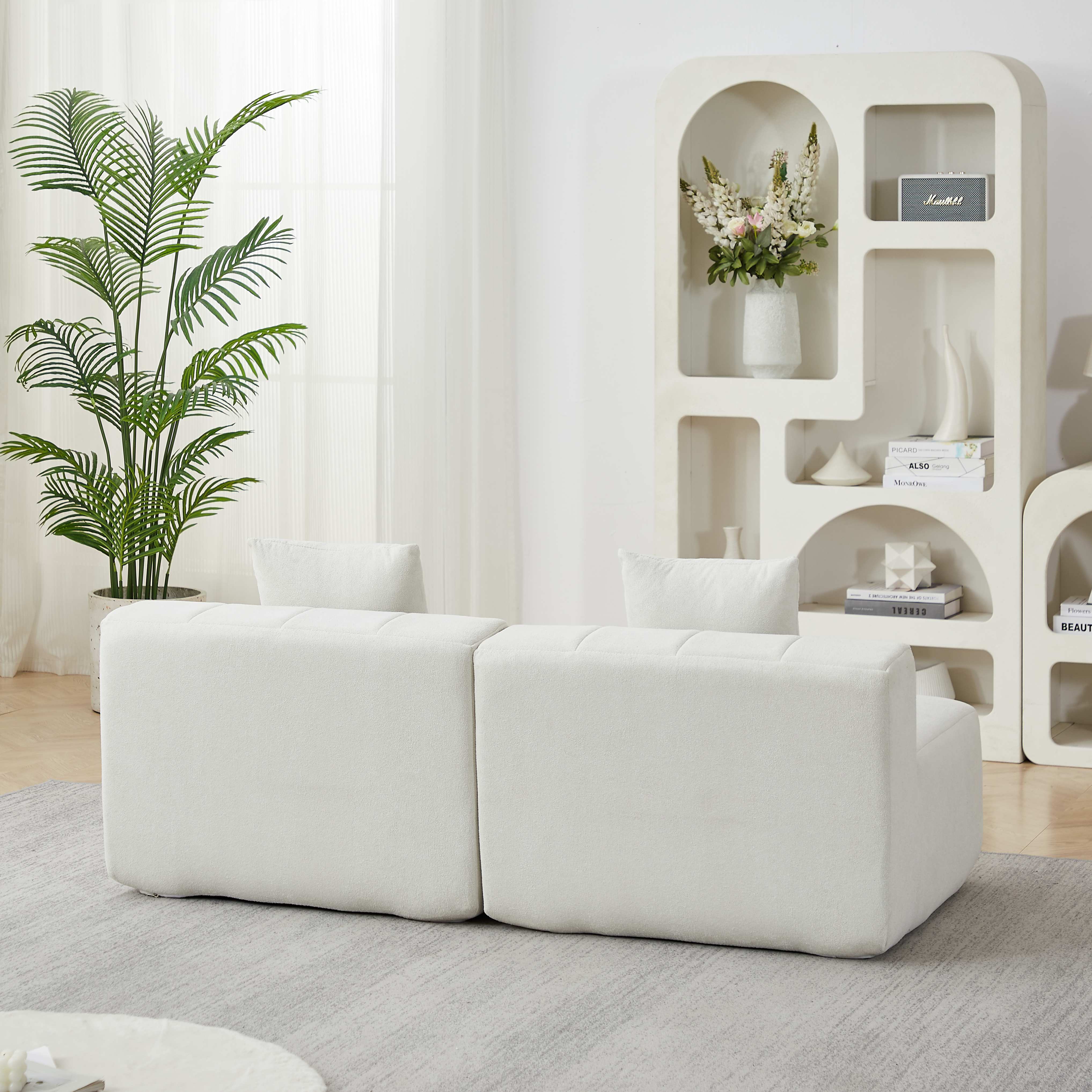 Canapé Modulable Style Piano Beige, 2 Coussins Inclus, Forme Courbe Symétrique, Prêt à L'emploi, Pour Salon ou Bureau Relaxation