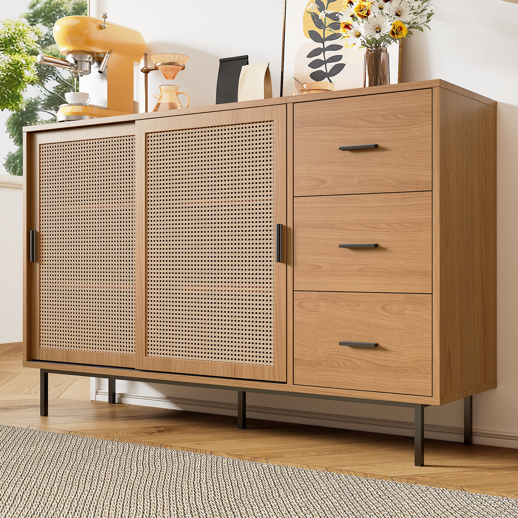 Buffet avec 2 portes coulissantes et 3 tiroirs, meuble de rangement en panneau de particules couleur naturel, idéal pour salon et salle à manger