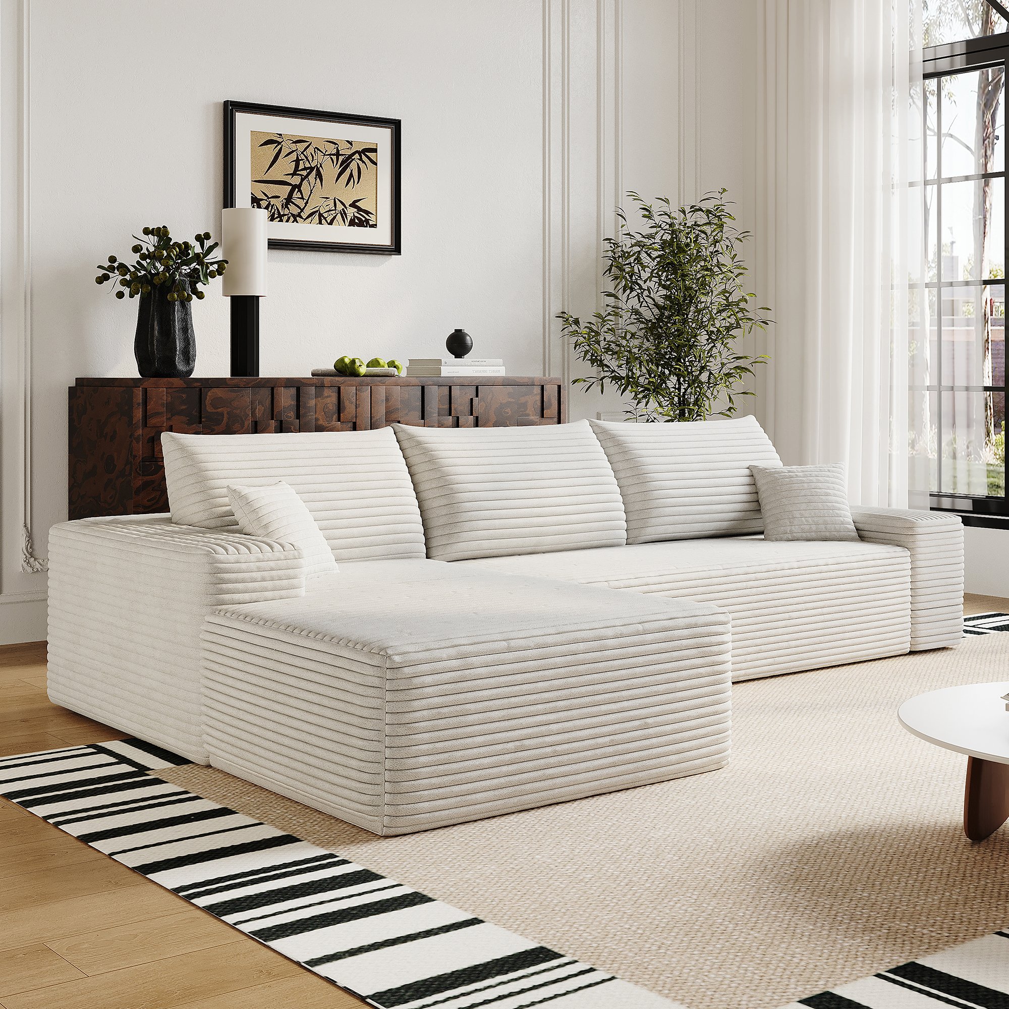 Canapé d'angle en tissu côtelé blanc, design contemporain 270x175cm, rembourrage mousse souple et installation facile
