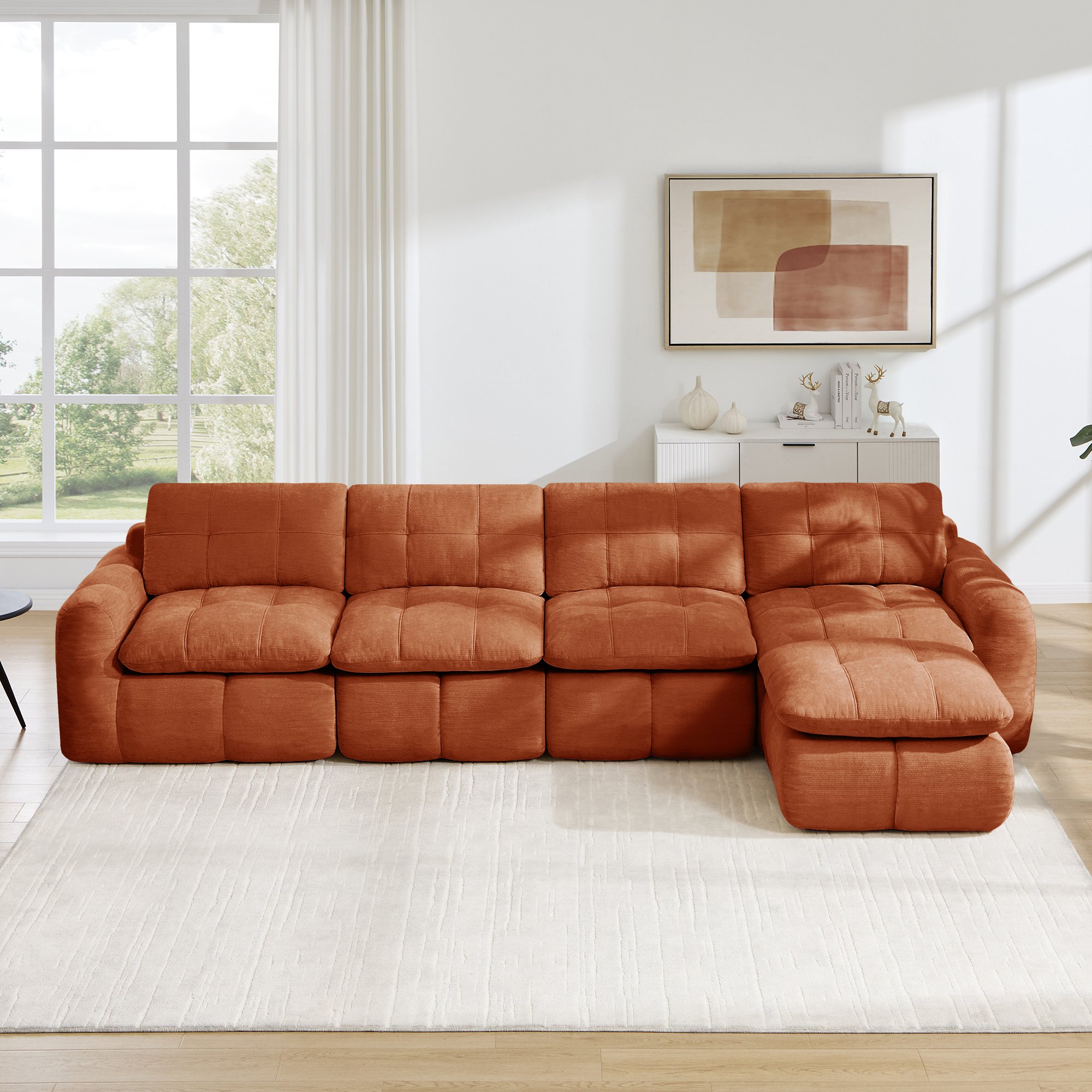 Canapé modulable 4 places en forme de L sans cadre, tissu chenille orange, assise large et profonde pour salon moderne