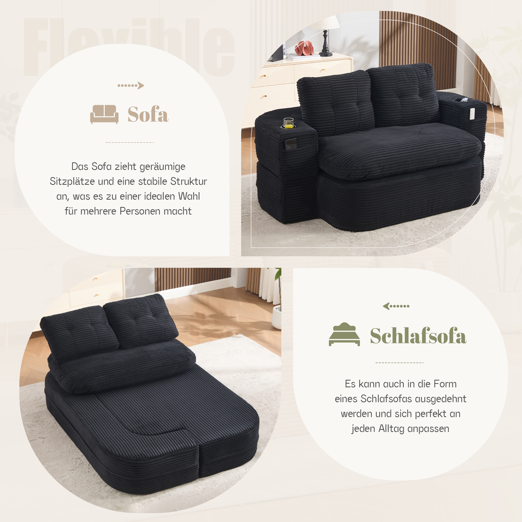 Canapé 2 places avec assise extra profonde et dossier haut, accoudoirs amovibles pour la relaxation
