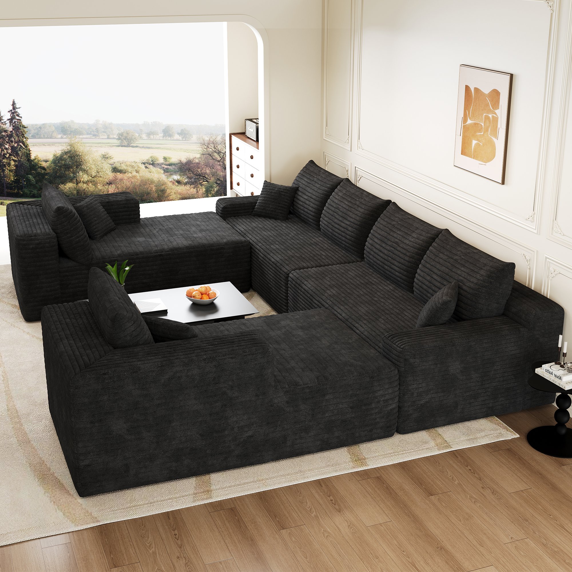 Canapé modulable noir en corduroy 302x242cm sans structure avec mousse haute élasticité pour salon moderne et confortable
