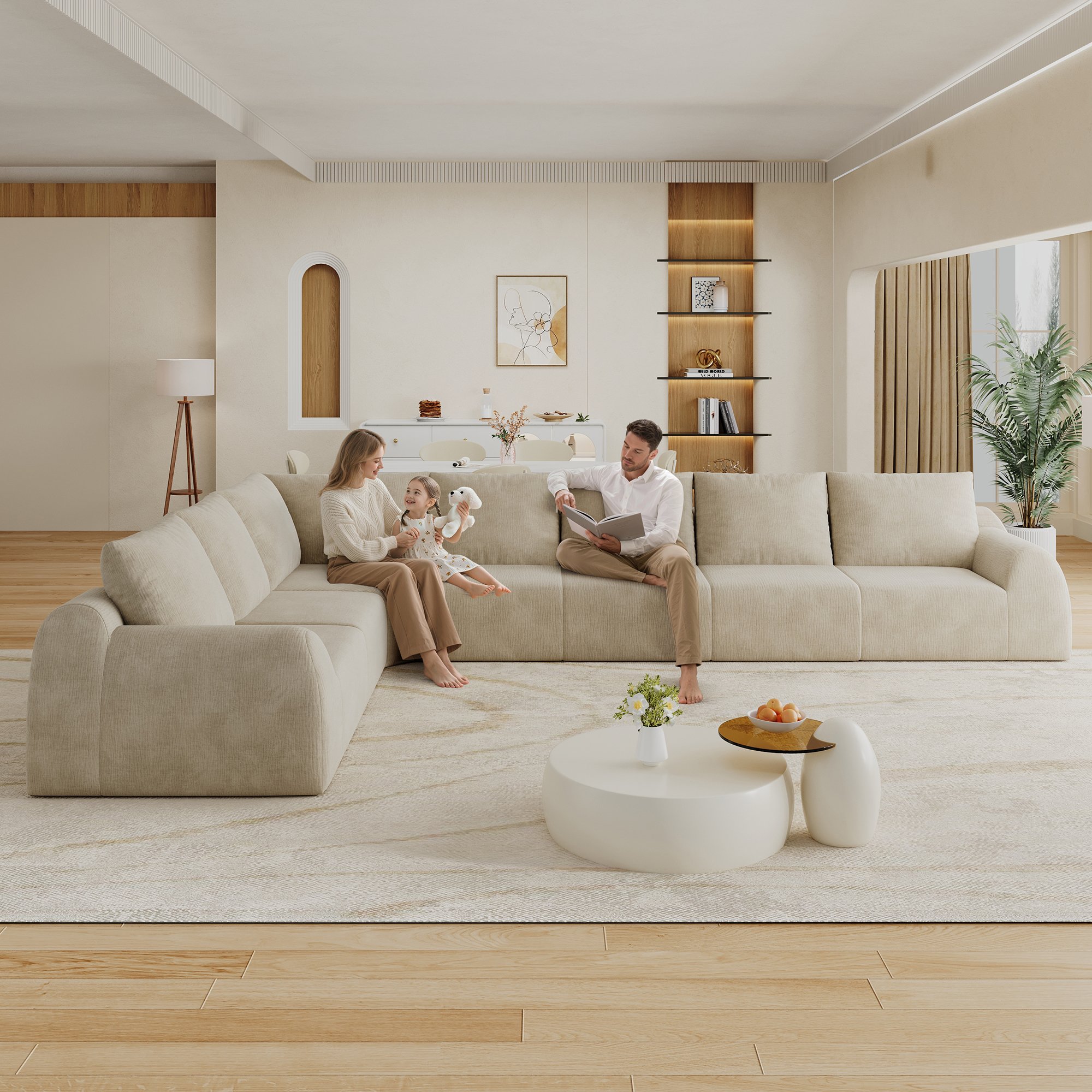 Canapé droit 401x267x85 cm en tissu chenille kaki avec mousse haute élasticité, structure sans montage pour salon et chambre