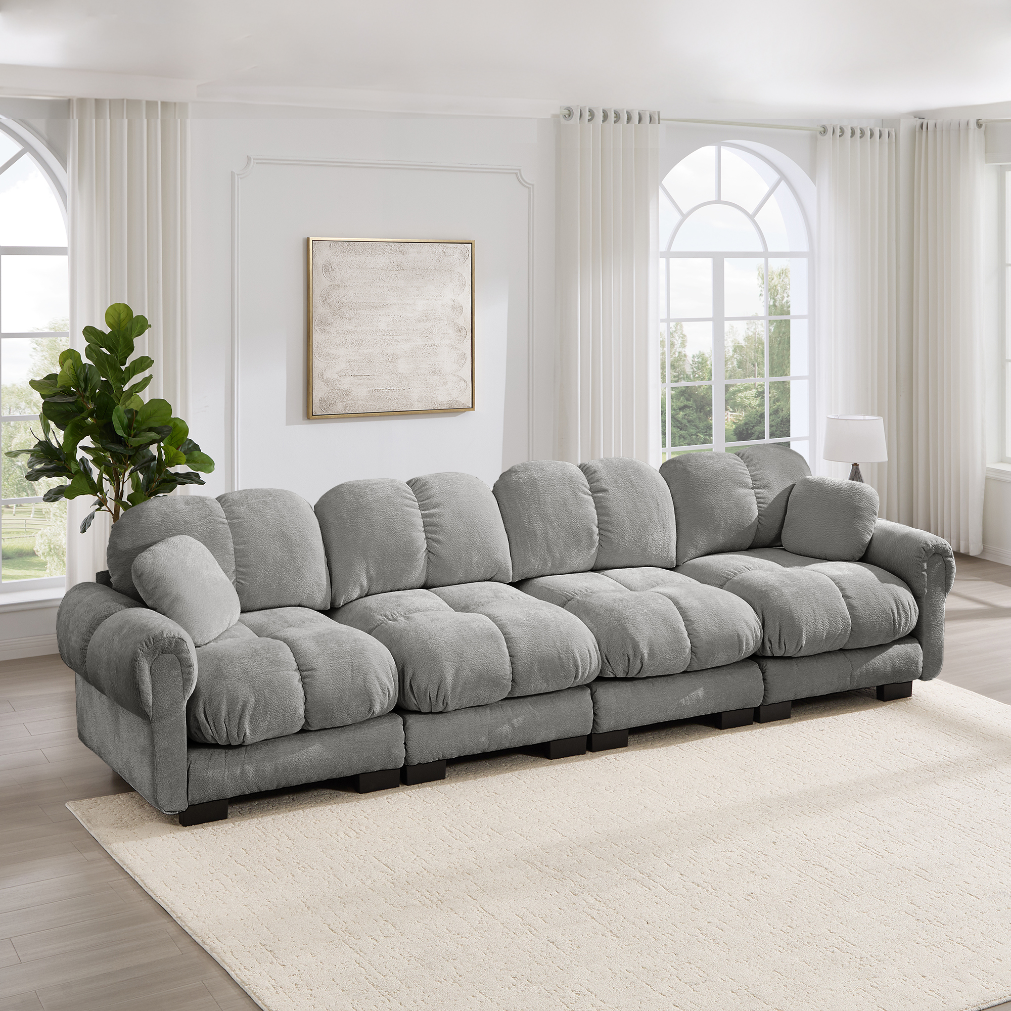 Canapé Modulable Salon Contemporain 330cm Tissu Chenille Gris Clair Coussins Ferme Dossier Ergonomique Livraison 4 Colis