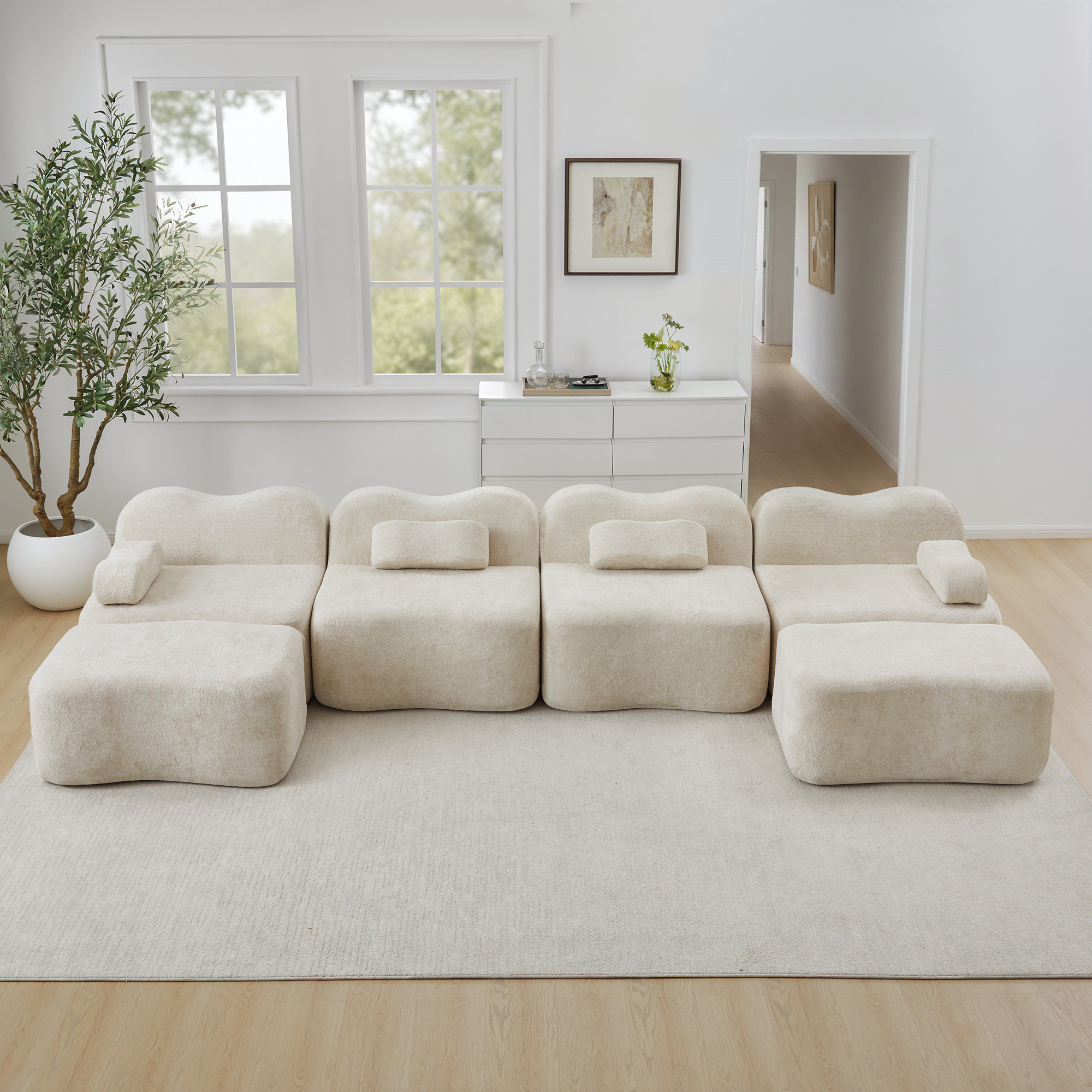 Canapé Modulable 4 Places En Velours Beige, Canapé Panoramique Sans Dossier Avec 2 Ottomans, Structure Flexible Pour Salon Moderne