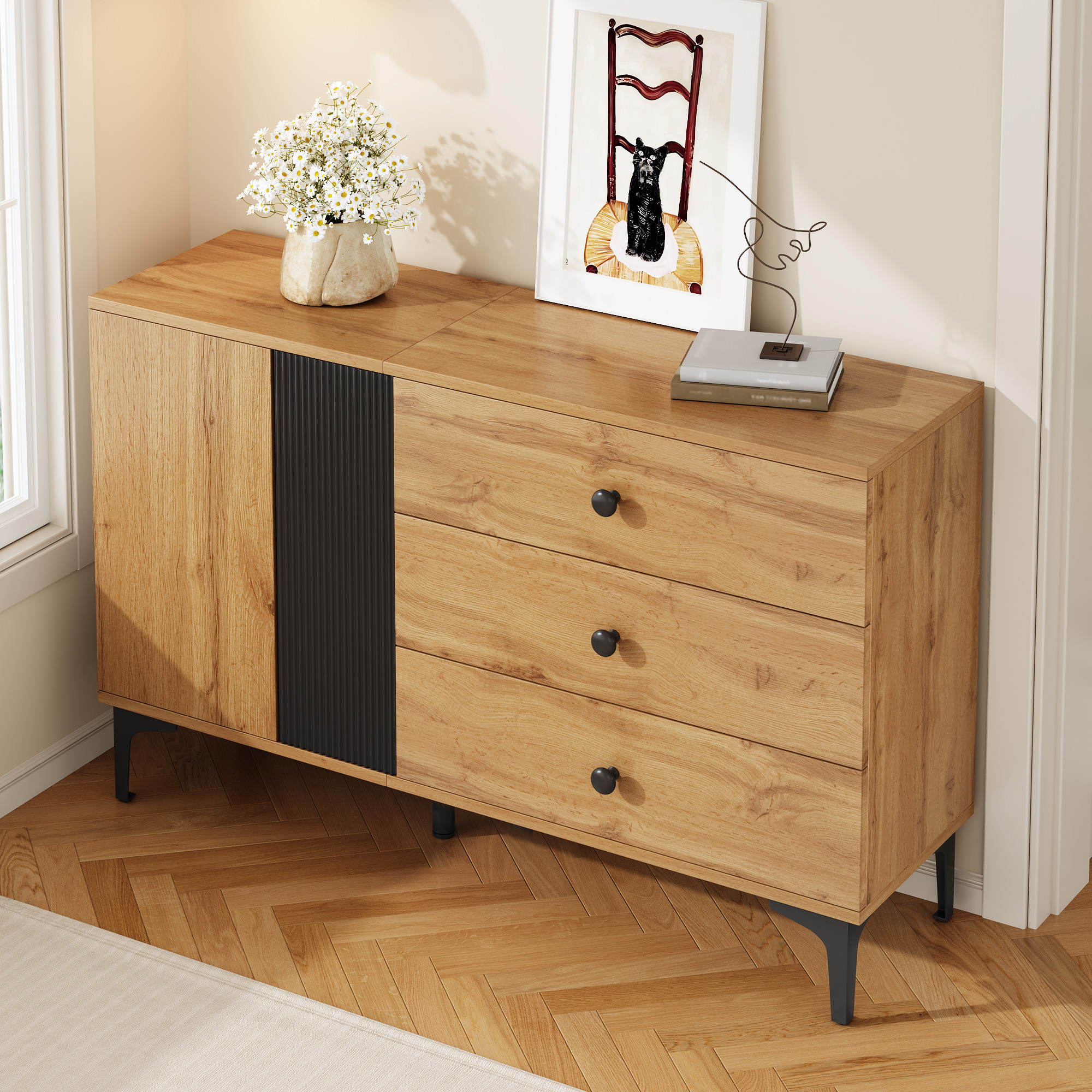Buffet Noir et Naturel, Panneaux de Particules et Pieds Métalliques, Design Contemporain avec Portes et Tiroirs