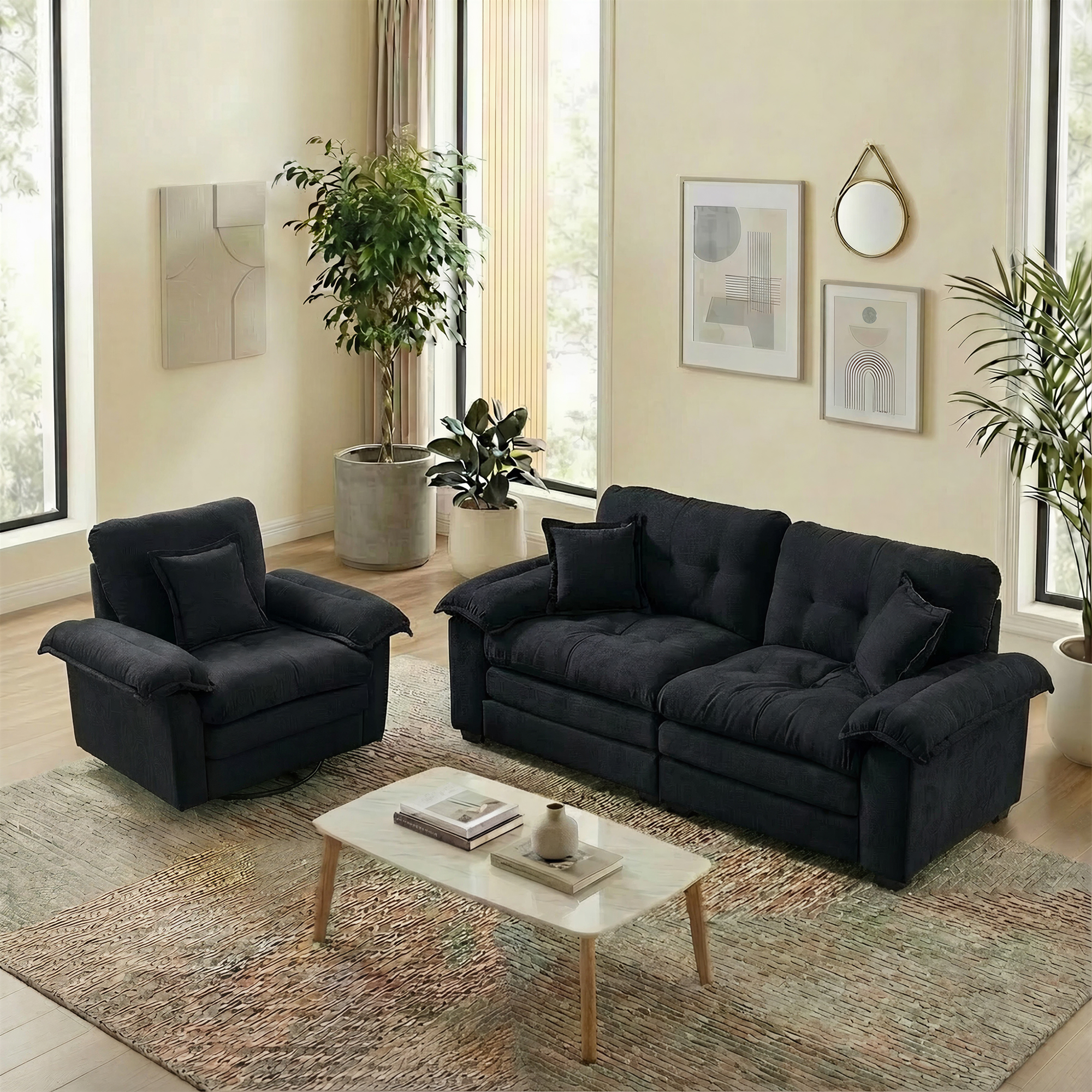 Fauteuil Noir en Tissu Chenille avec Rangement Intégré : Ensemble Salon 2 Places Profond et Confortable pour Décoration Moderne