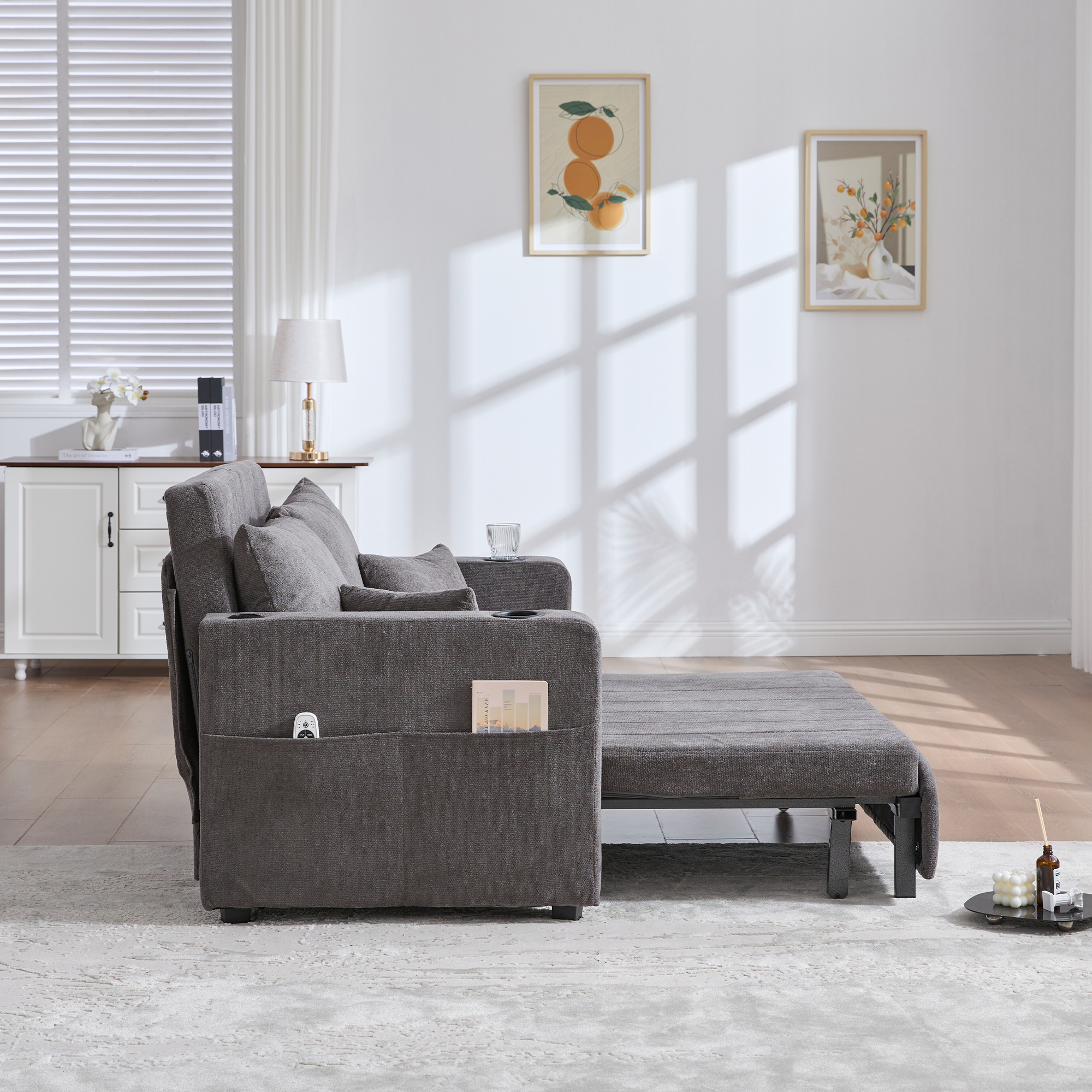 Lit rembourré 2 places avec tiroirs de rangement, port USB et sommier à lattes inclus en chenille gris
