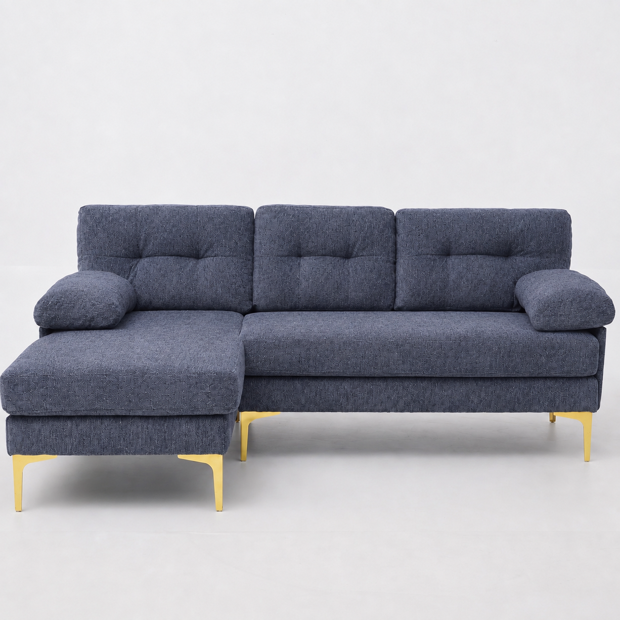 Canapé d'angle 3 places réversible gauche ou droite, accoudoirs rembourrés et pieds métal, tissu chenille bleu