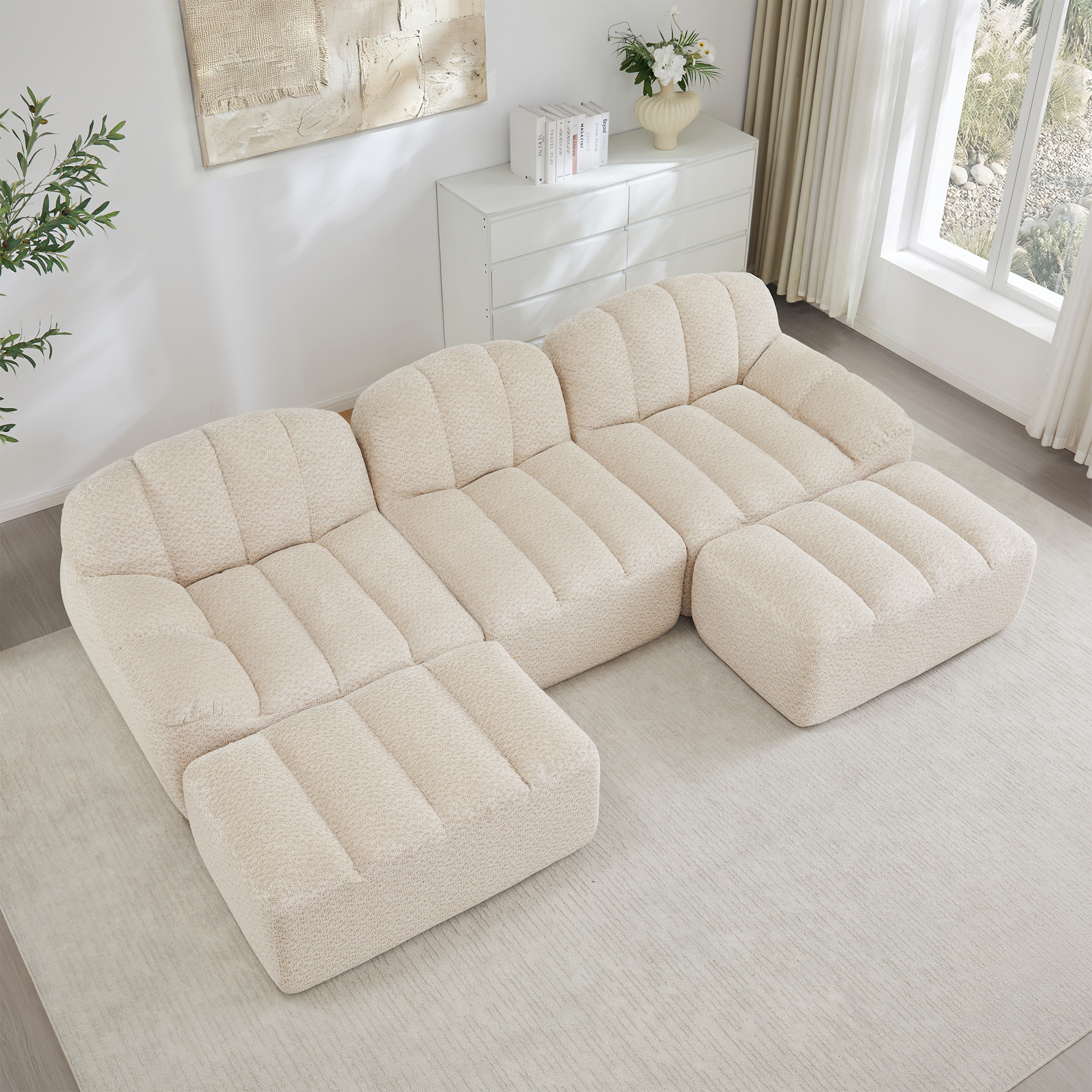 Canapé Modulable 3 Places En Tissu Granuleux Beige Blanc, Structure Panoramique Sans Dossier Avec Mousse Haute Densité Et 2 Ottomans