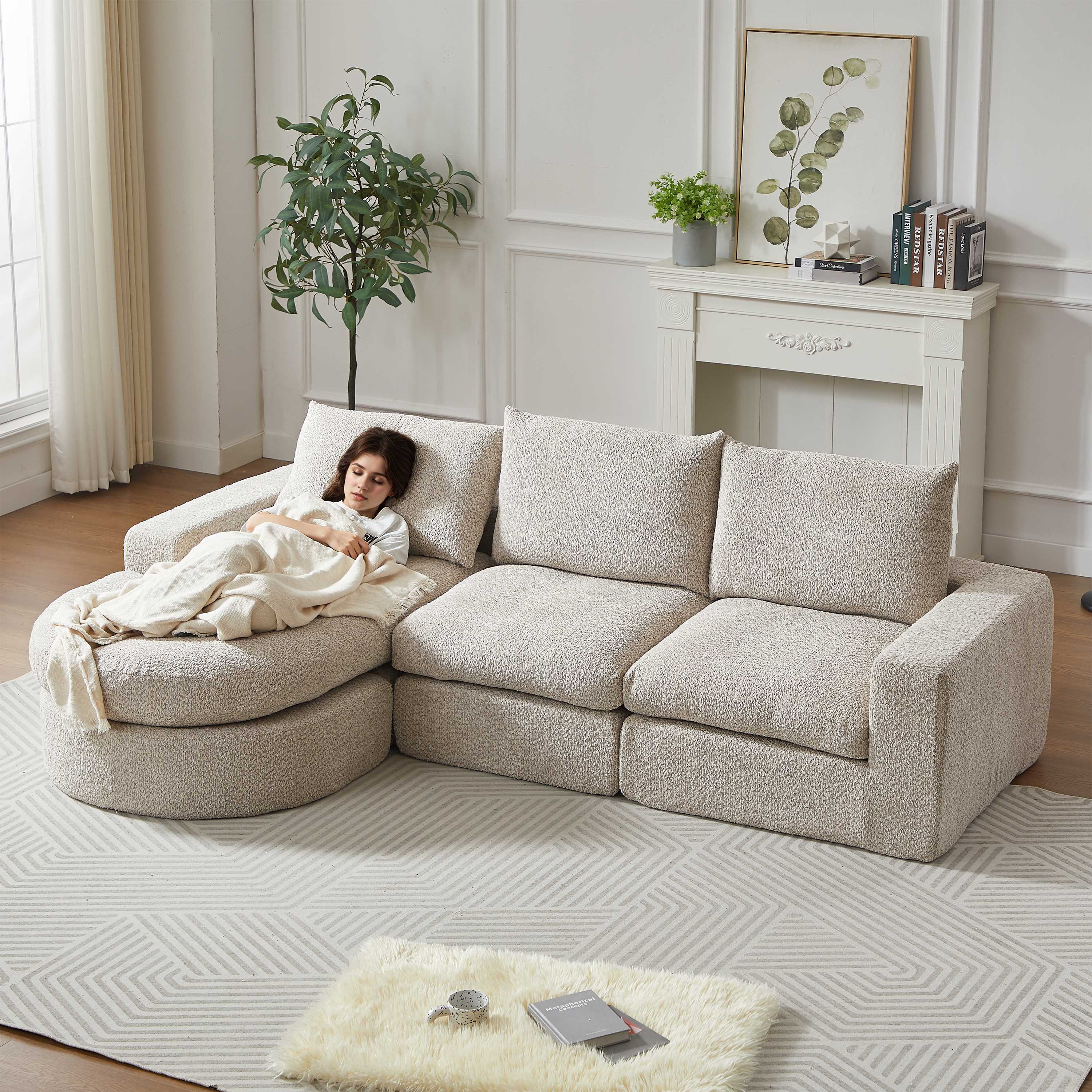 Canapé modulable beige en tissu chenille, ensemble sans structure avec coussins amovibles et mousse haute densité pour salon moderne