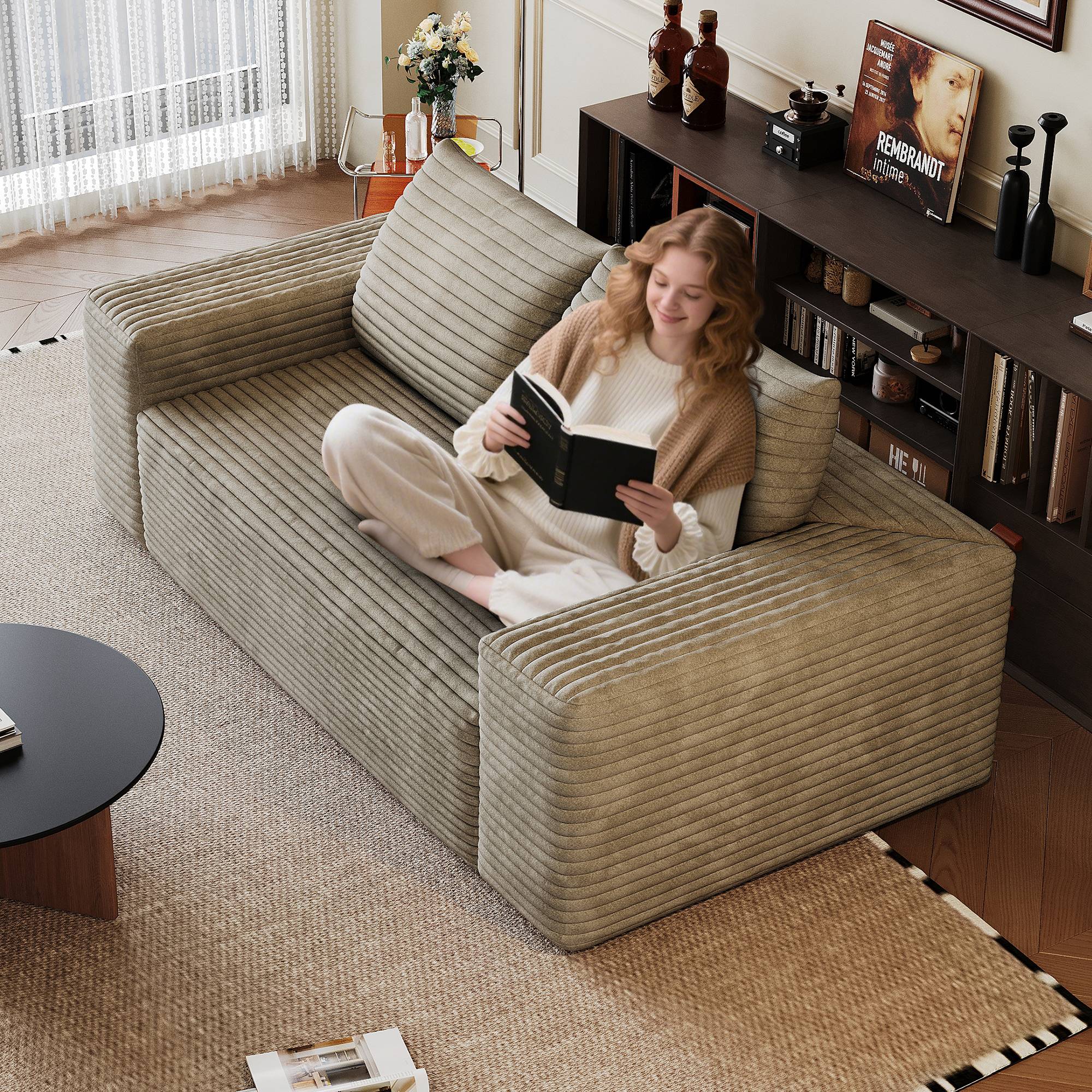 Canapé droit 180x90 cm en velours côtelé camel avec assise profonde, rembourrage mousse et structure modulaire sans montage pour salon ou chambre
