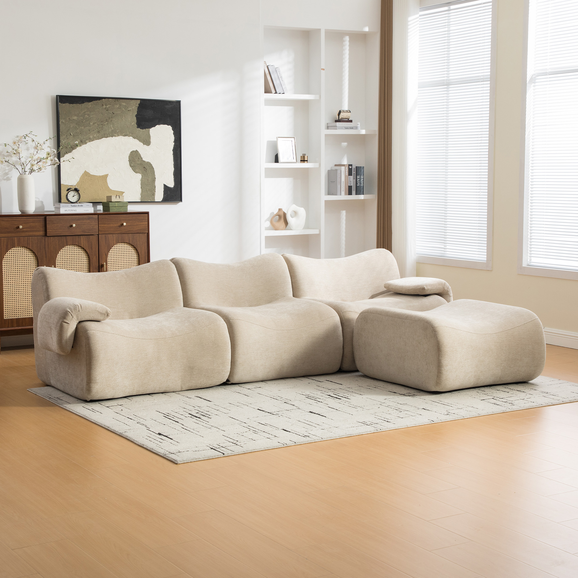 Canapé modulable revêtement chenille anti-boulochage structure mousse élastique pieds antidérapants kaki