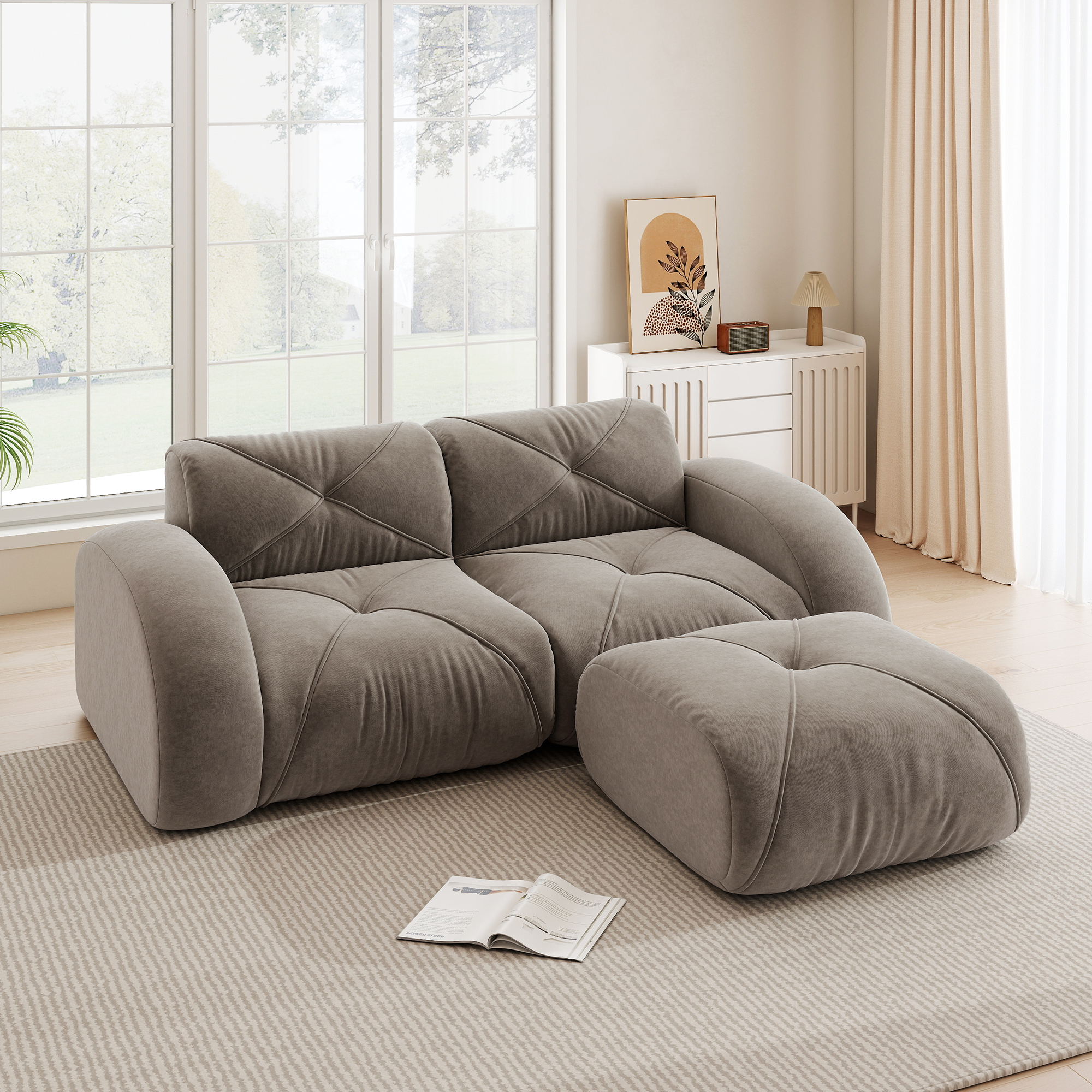 Canapé modulable 2 places avec pouf, revêtement en tissu Chenille taupe, structure stable et confortable pour salon contemporain