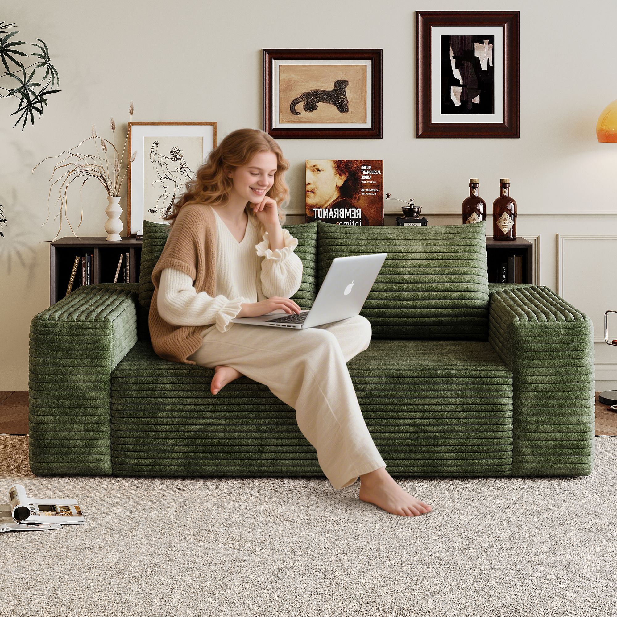 Canapé droit 180x90 cm en tissu velours côtelé vert, rembourrage mousse haute élasticité, sans montage requis pour salon ou chambre