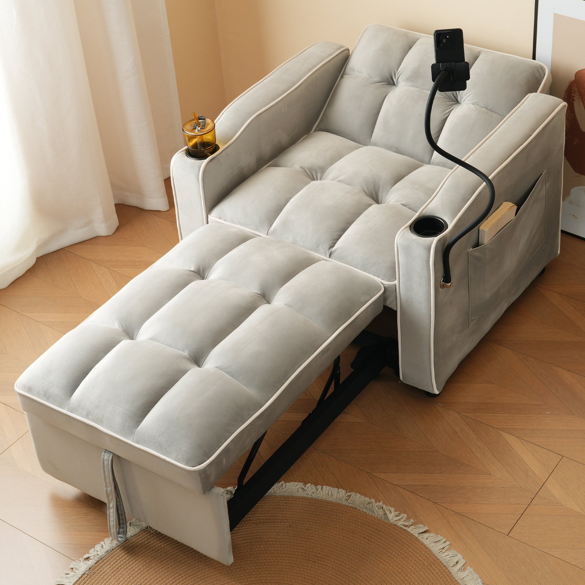 Fauteuil Convertible 1 Place avec Tiroir de Rangement Intégré et Poche Latérale Velours Doux Gris pour Salon Studio