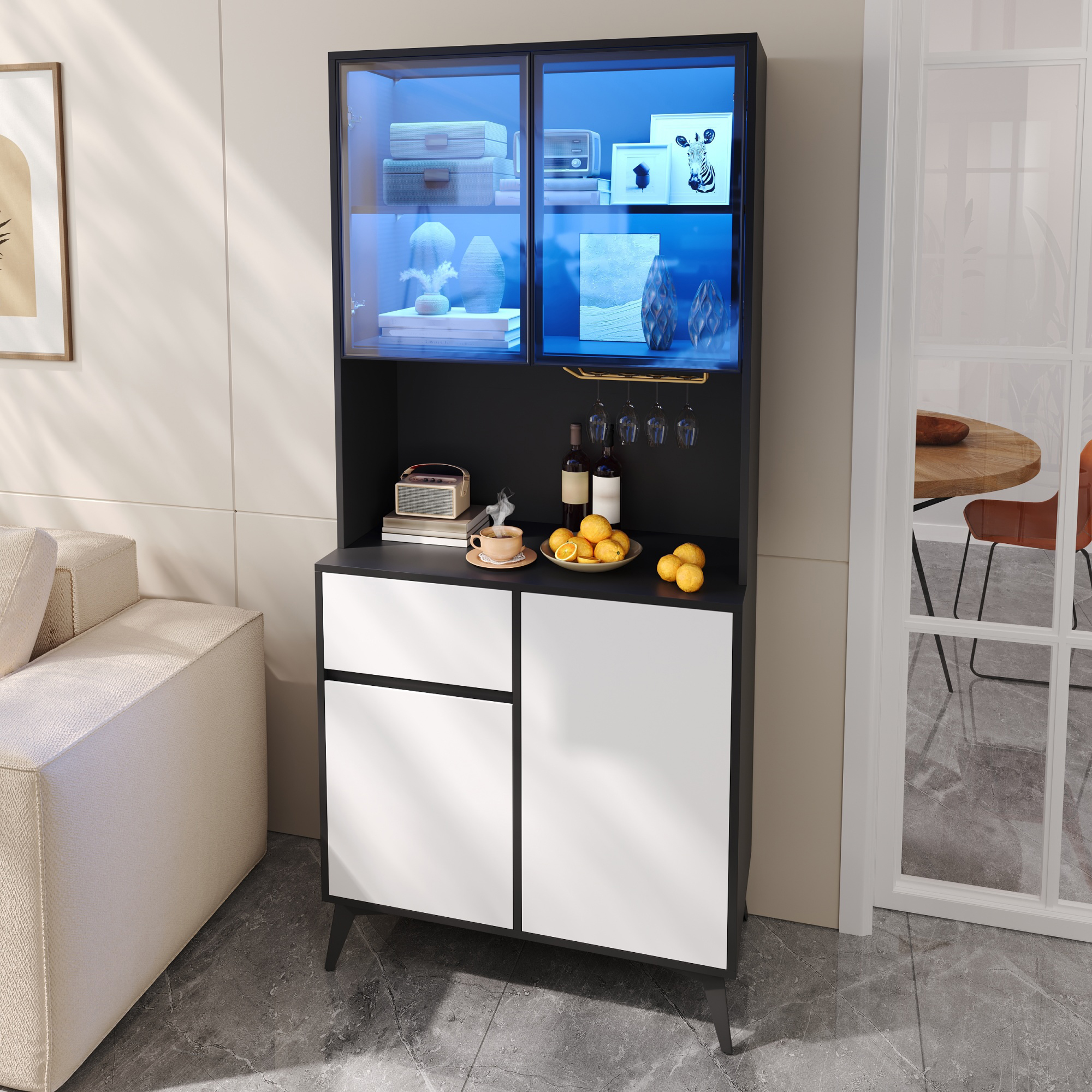 Vitrine Panneau composite de fibres de bois à densité Noir Blanc 80x40x180cm Buffet Cuisine 4 Portes Verre 1 Tiroir Charnières Silencieuses