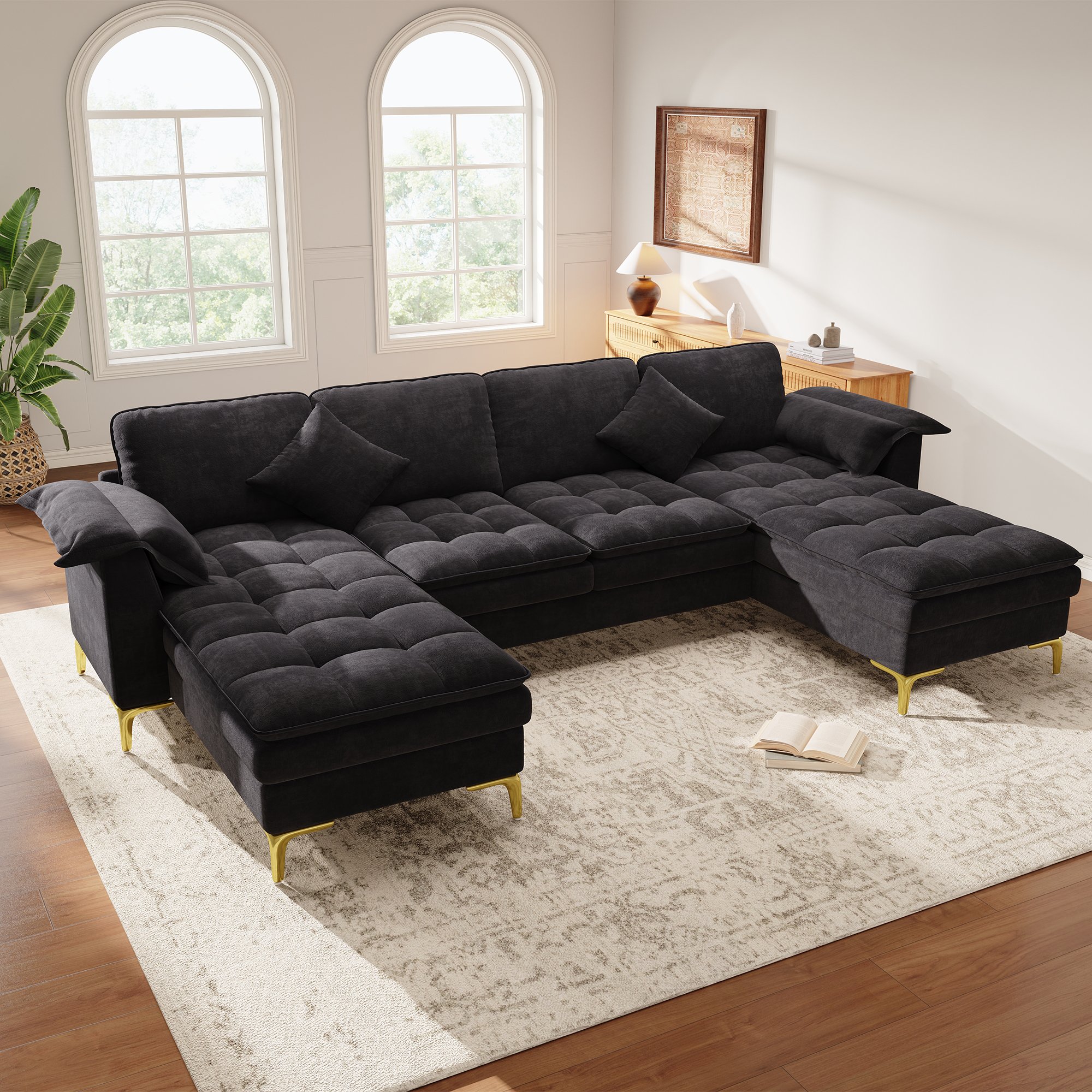 Canapé d'angle en U noir tissu chenille 4 places avec chaises longues et pieds métal doré, style cloud pour salon ou chambre