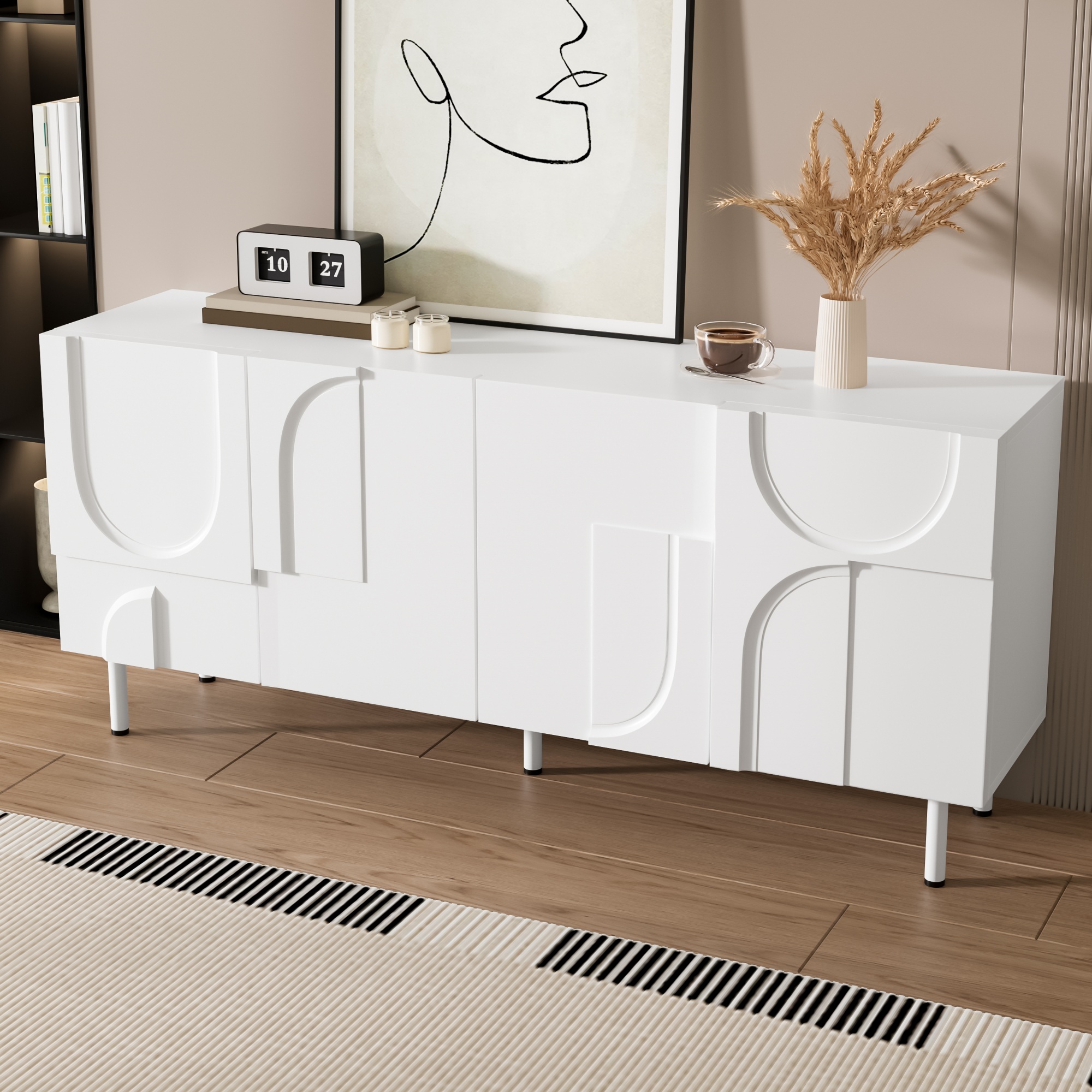 Buffet Blanc Design Géométrique 160x70 cm Meuble Rangement Cuisine Panneau composite de fibres de bois à densité Portes Silencieuses