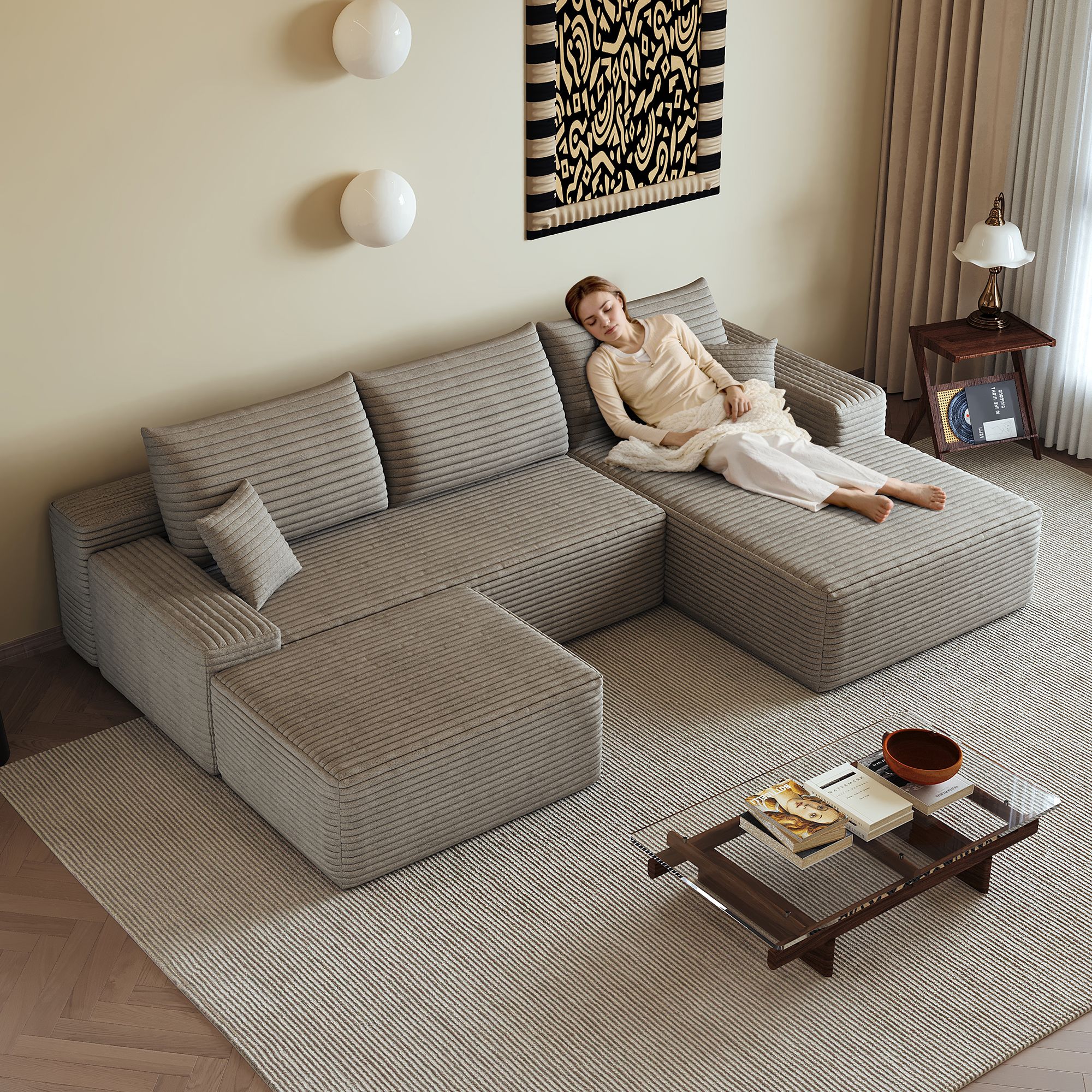Canapé d'angle en tissu velours côtelé camel, garnissage mousse souple, lignes fluides, dimensions 270x175x83cm, style moderne