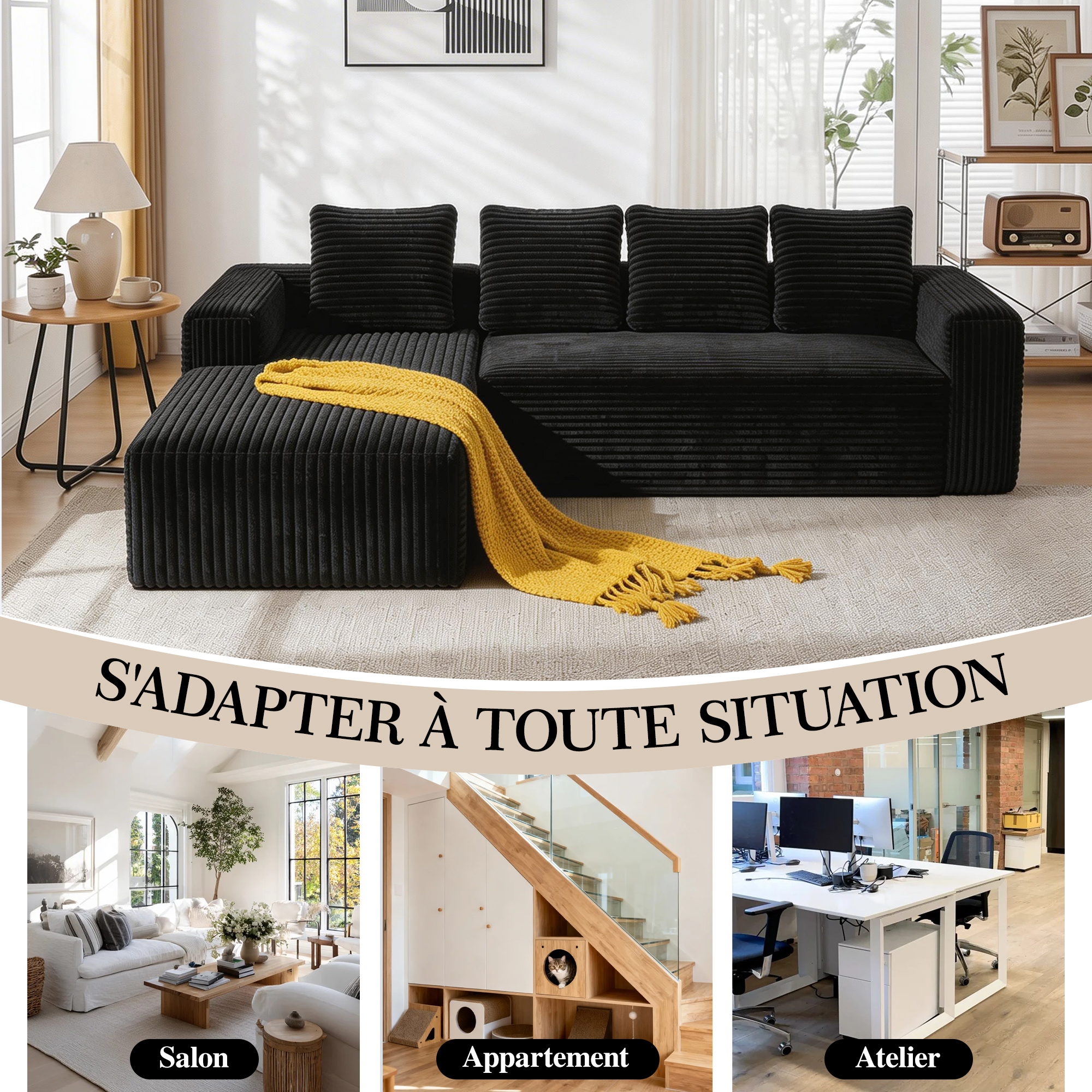 Canapé d'angle modulable sans montage en tissu côtelé noir, 2 pièces réversibles avec méridienne