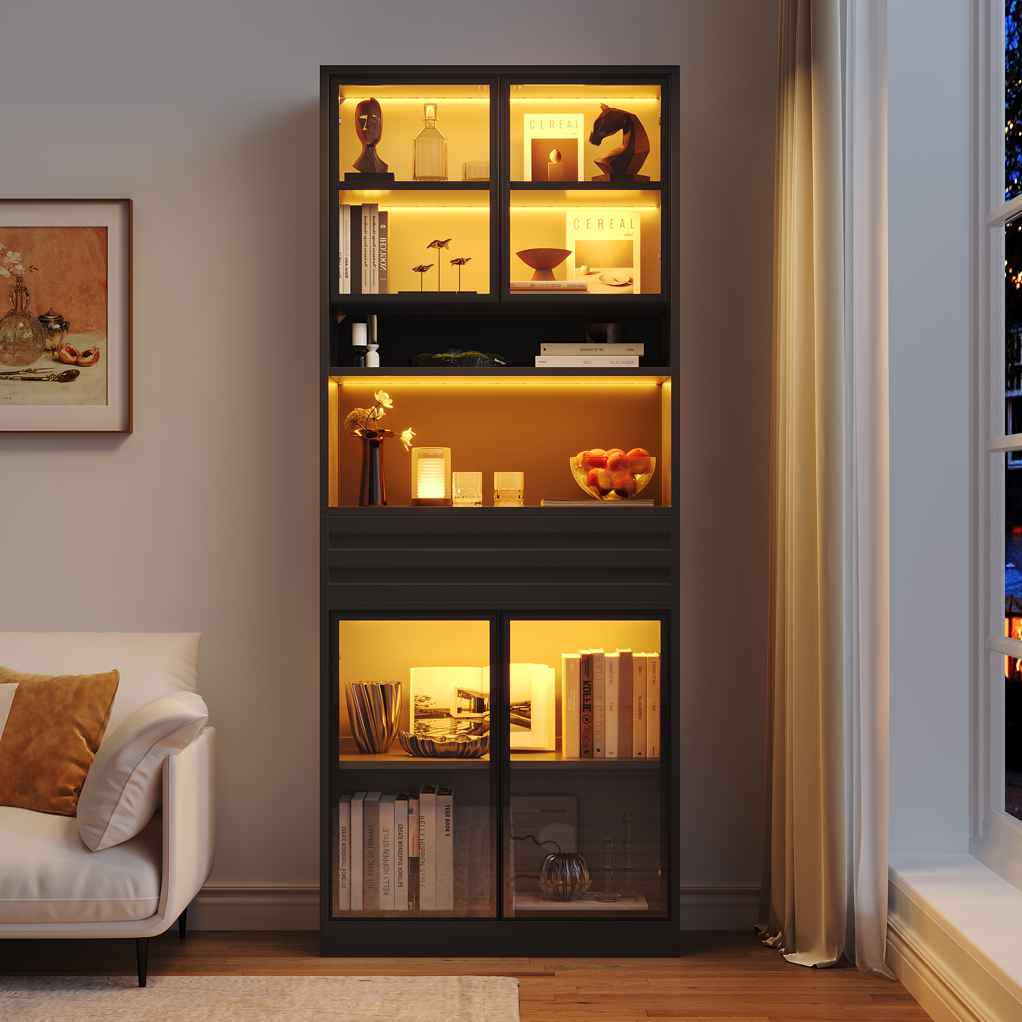 Vitrine Panneau composite de fibres de bois à densité Noir 80x35x200 cm, Meuble à 4 Portes en Verre avec Tiroir Intégré et Éclairage LED RGB Connecté par App