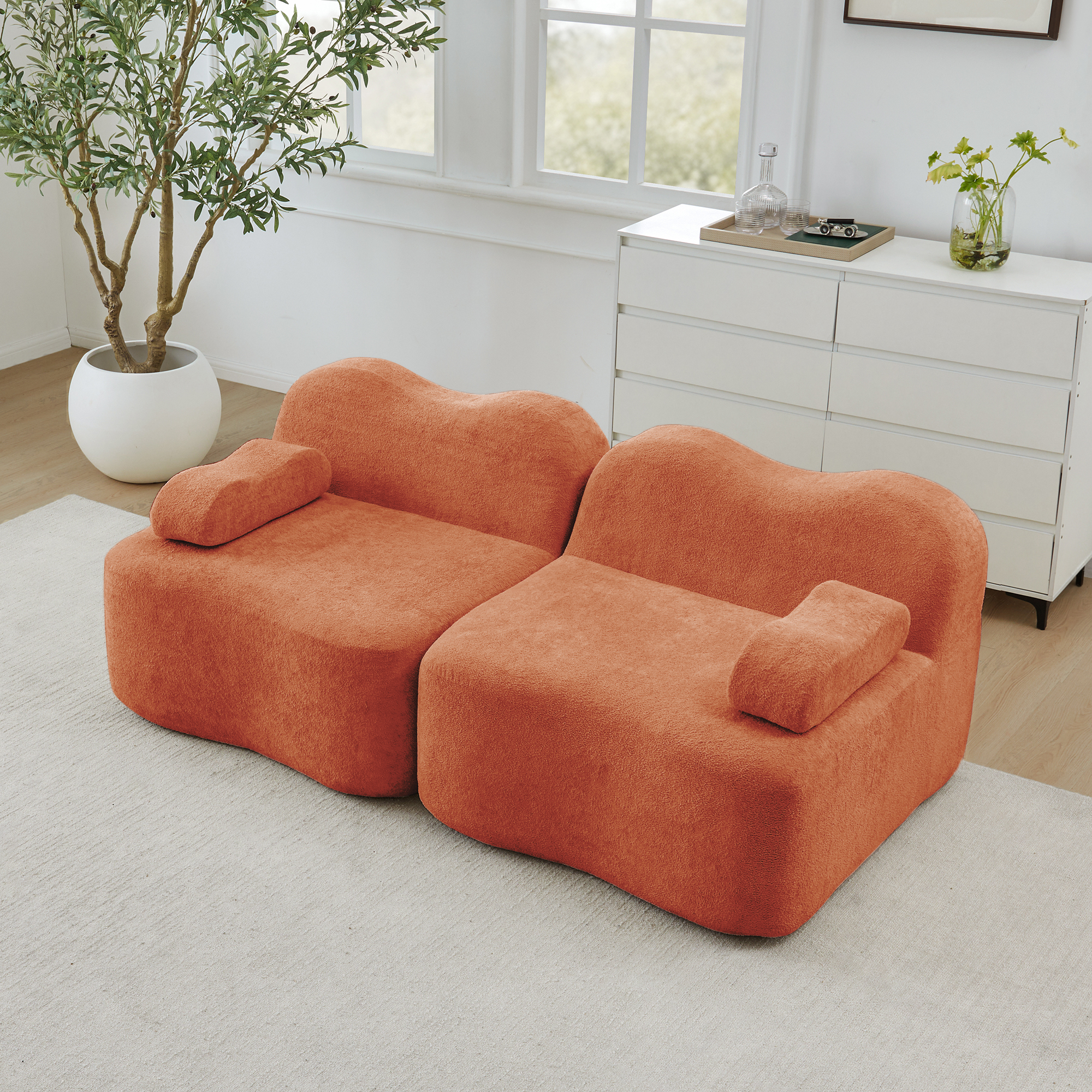 Canapé Modulable 2 Places Angle Droit Velours Orange Design Contemporain Salon Appartement