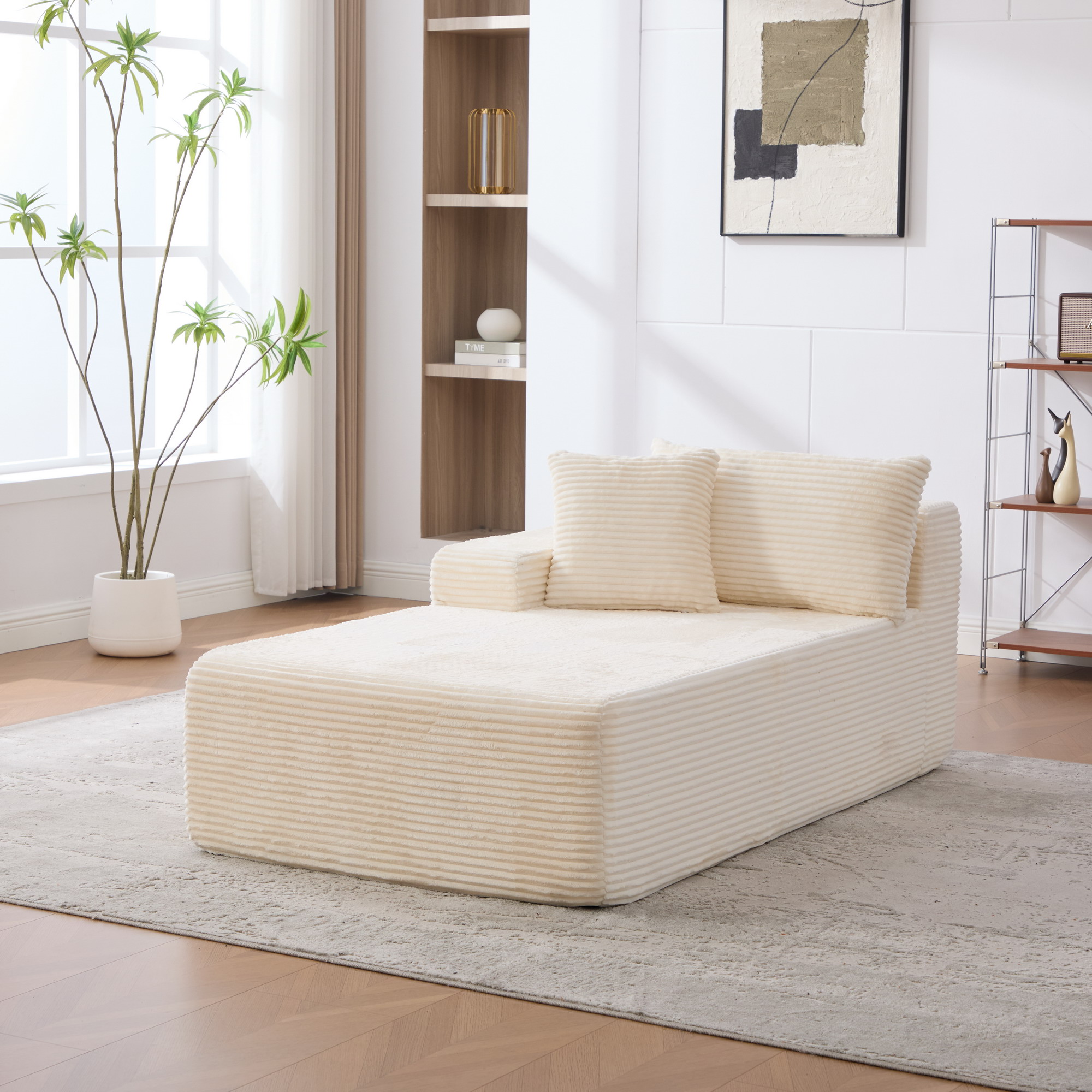 Méridienne Salon 2 Places, Canapé Modulable avec Allonge Confortable, Revêtement Chenille Beige Intérieur