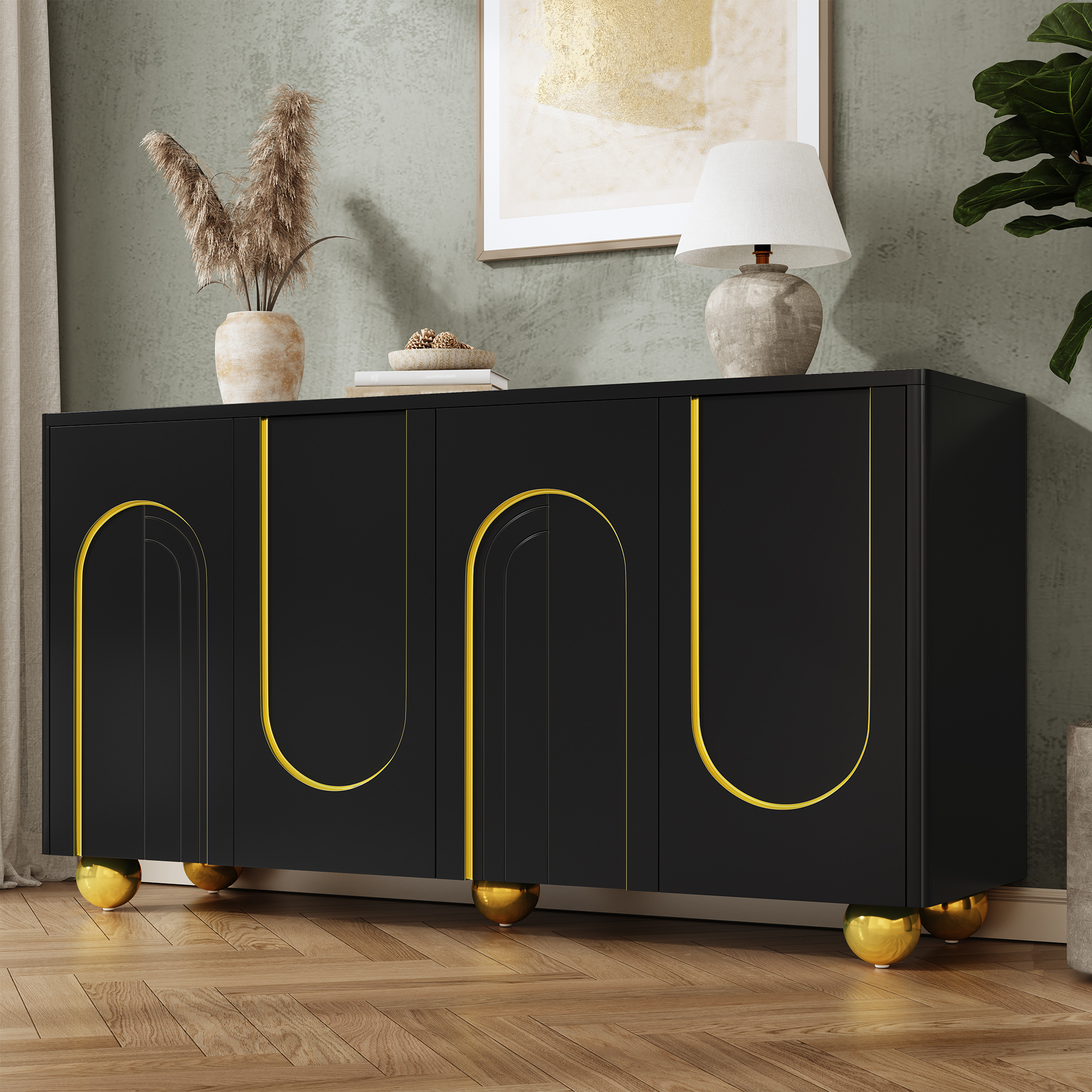 Buffet Noir Panneau composite de fibres de bois à densité Panneaux de Particules 4 Portes Étagères Fixes Charnières Amorties Pieds Métalliques 140x40x74 cm