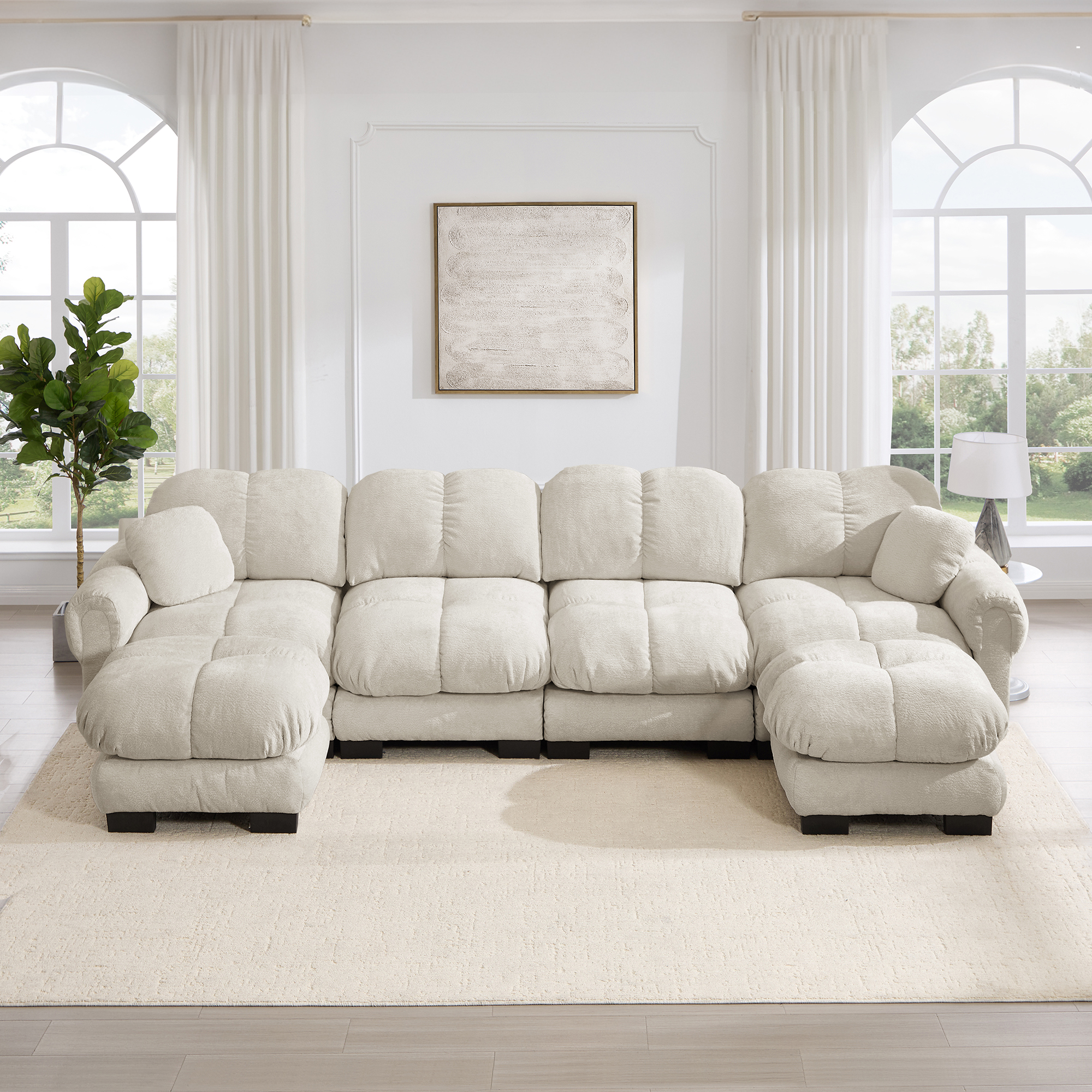 Canapé Modulable 4 Places en U avec 2 Ottomanes, Design Ergonomique Confortable et Soutien Dos, Tissu Chenille Doux Beige Clair