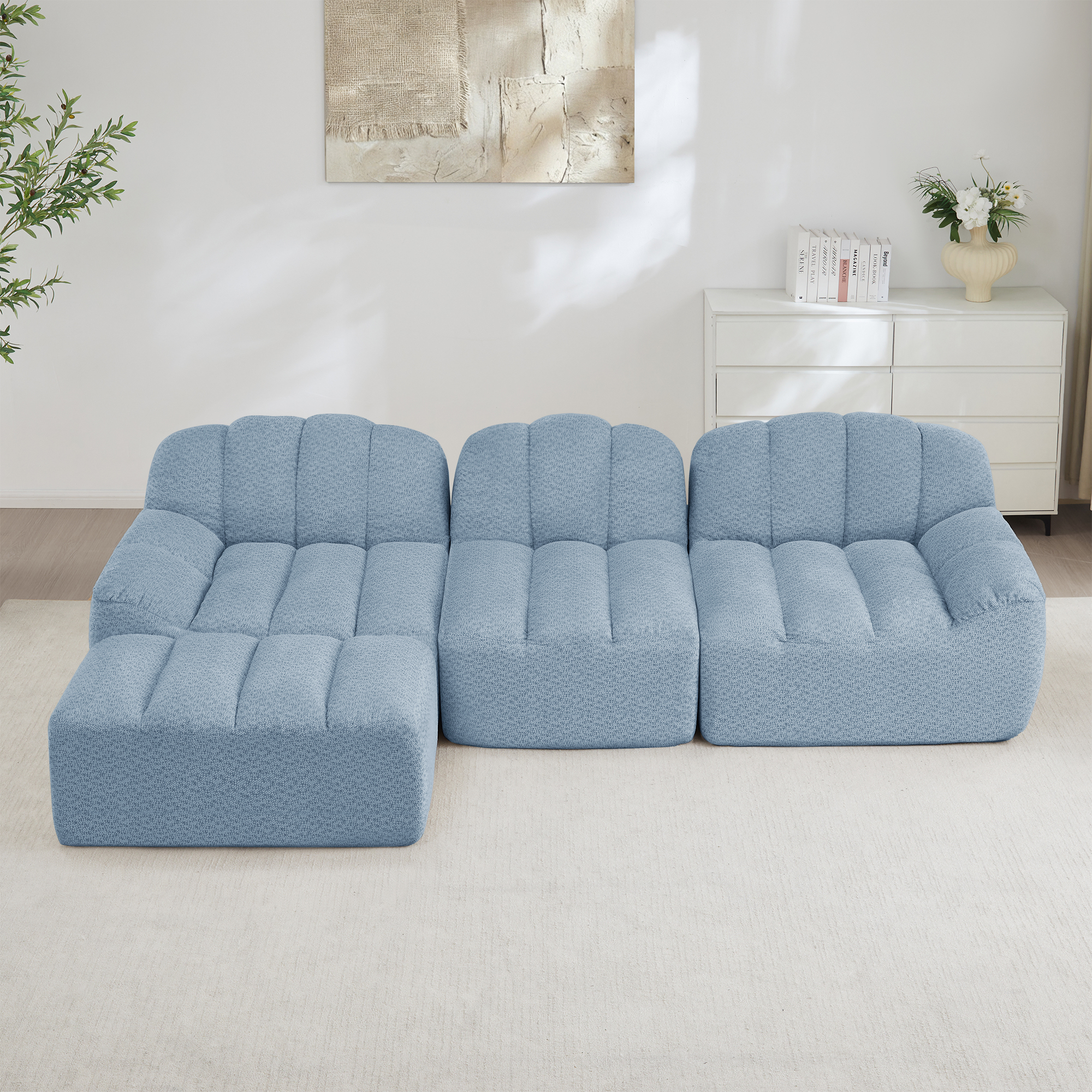 Canapé Modulable 3 Places En L Avec Ottoman, Canapé D'angle Bleu Tissu Polaire Granuleux Sans Dossier Profond Pour Salon