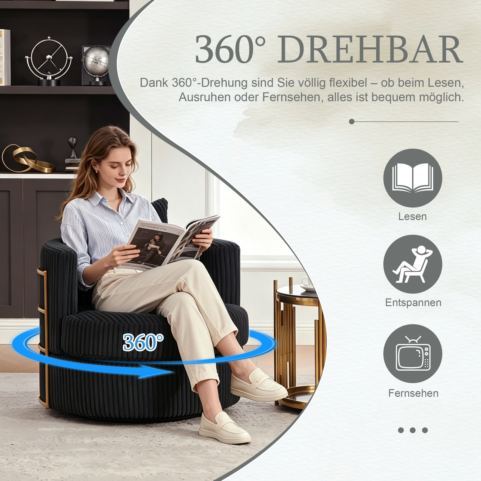 Canapé fauteuil pivotant 360° en cord noir pour chambre et salon avec coffre intégré et mousse haute densité