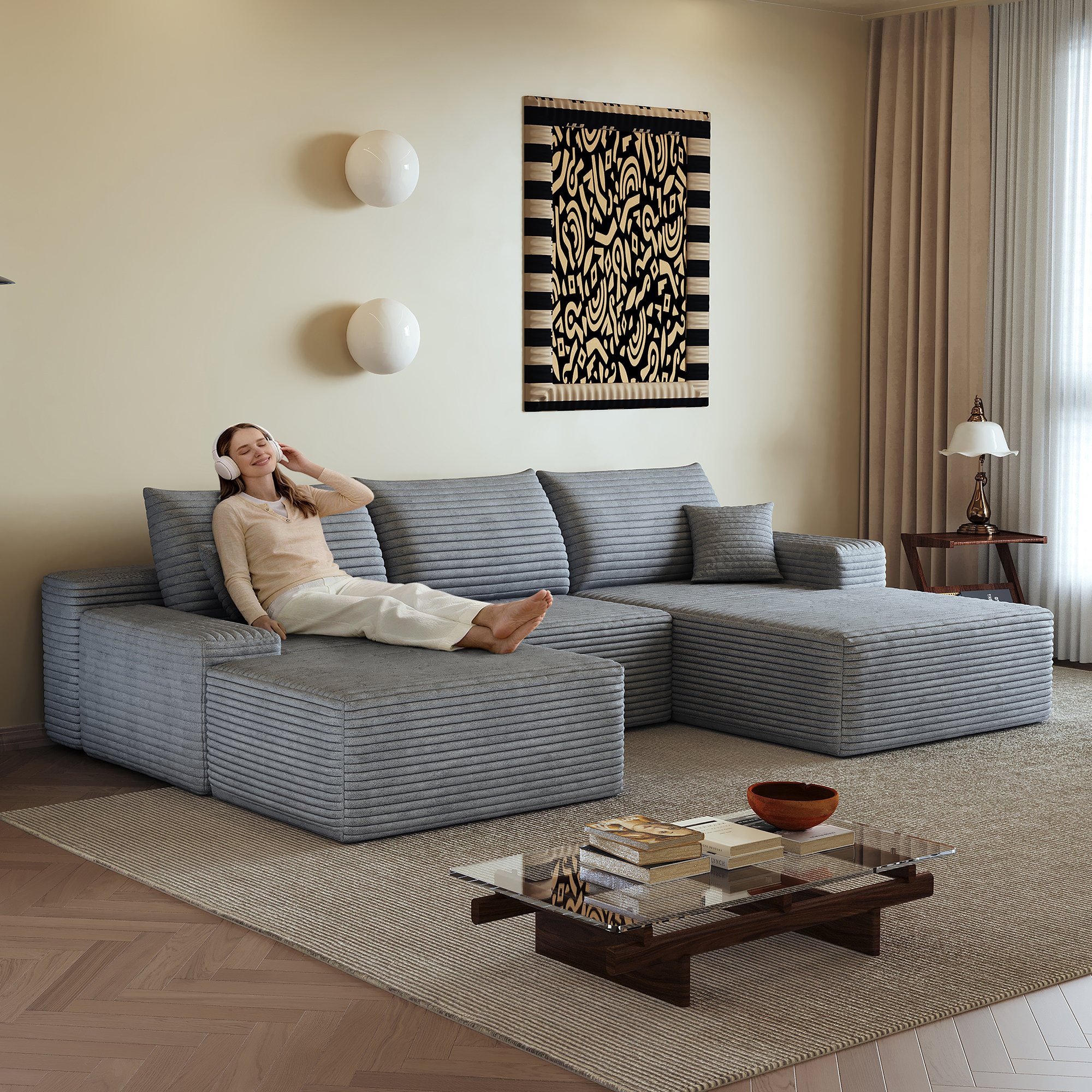 Canapé d'angle 270x175cm en tissu côtelé gris avec chaise longue, assise profonde et mousse haute densité pour salon moderne