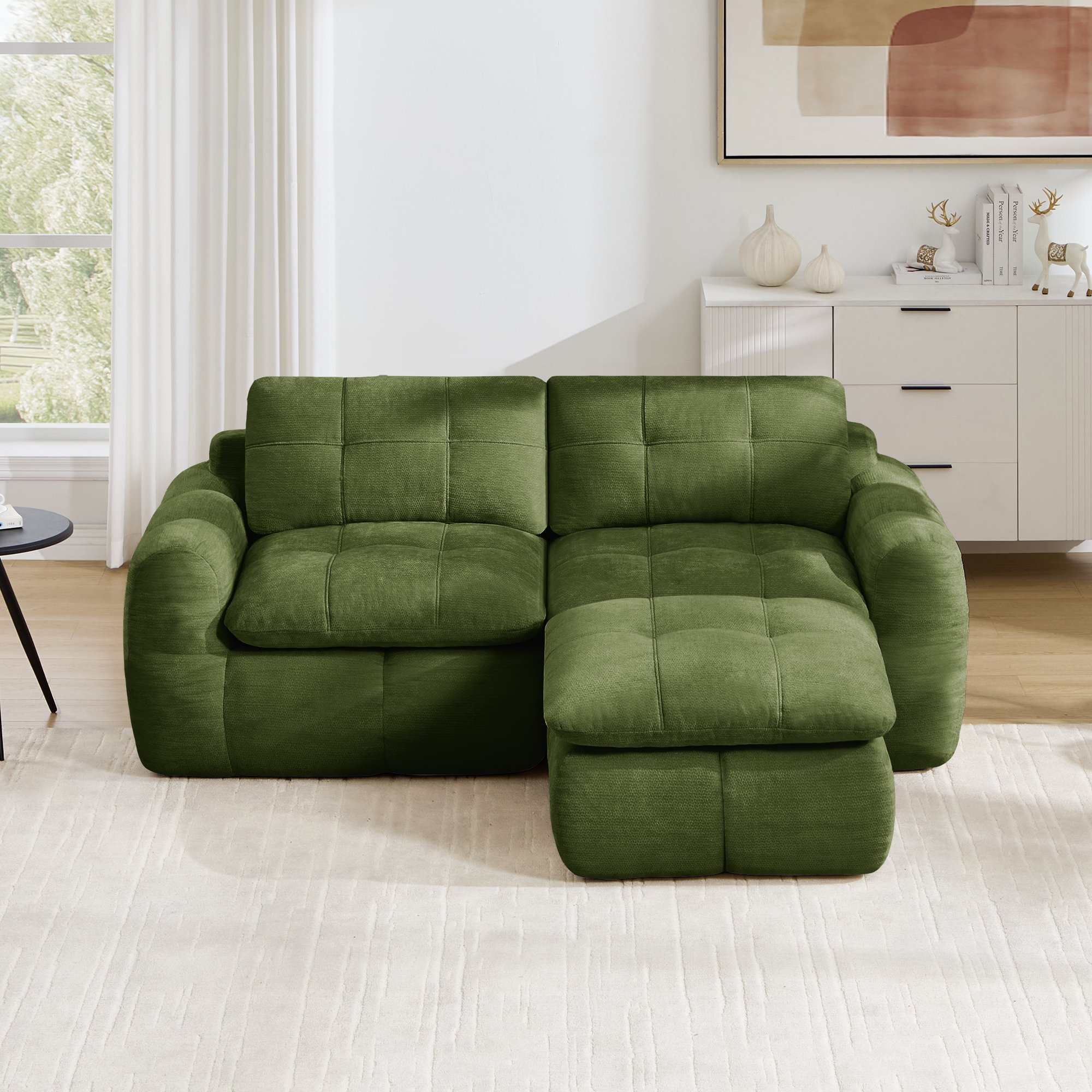 Canapé modulable structure sans cadre en tissu chenille vert, coussins mousse granulat, surface antidérapante
