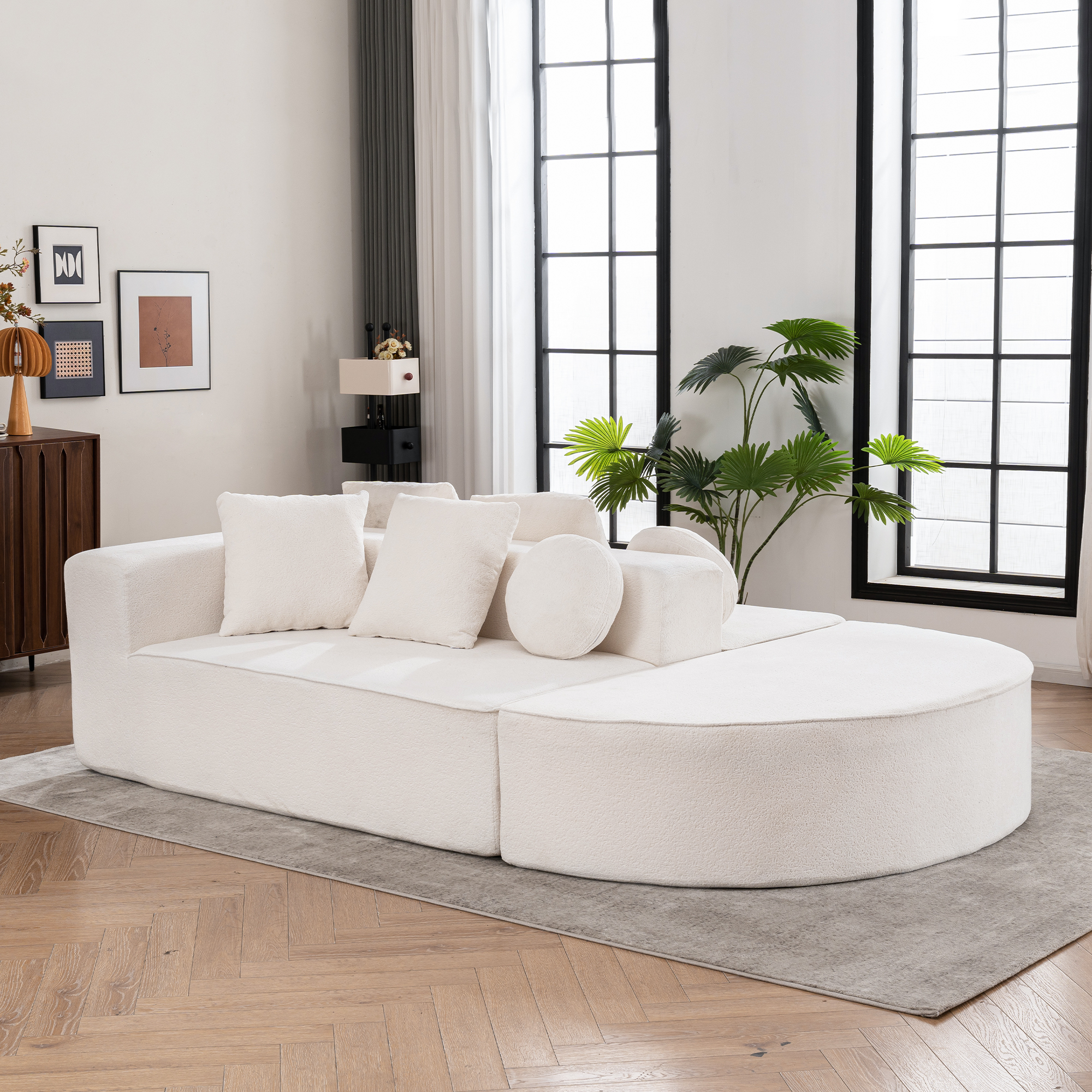 Canapé Modulable en Tissu Chenille Blanc, Structure Mousse Haute Densité Segmentée, Design Moderne 263x171cm Avec Rangements
