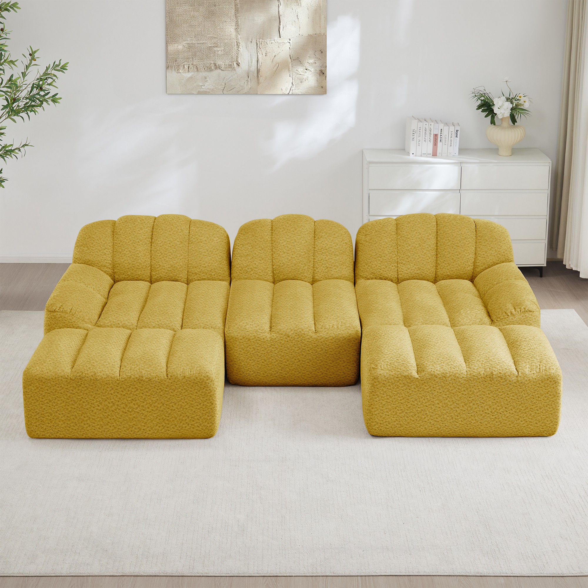 Canapé Modulable 3 Places En U Avec Tissu Granuleux Jaune Et 2 Ottomans Pour Salon Moderne