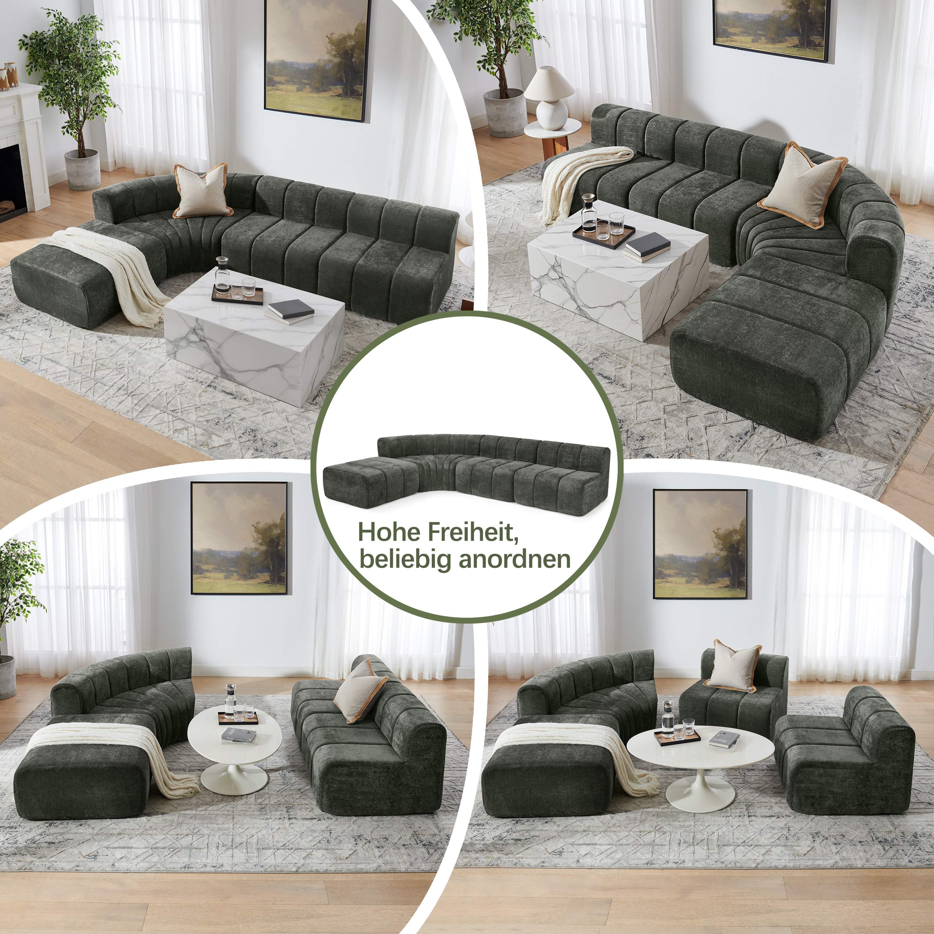 Canapé d'angle modulable 4 places noir en chenille, structure sans dossier pour usage multifonctionnel comme table ou pouf