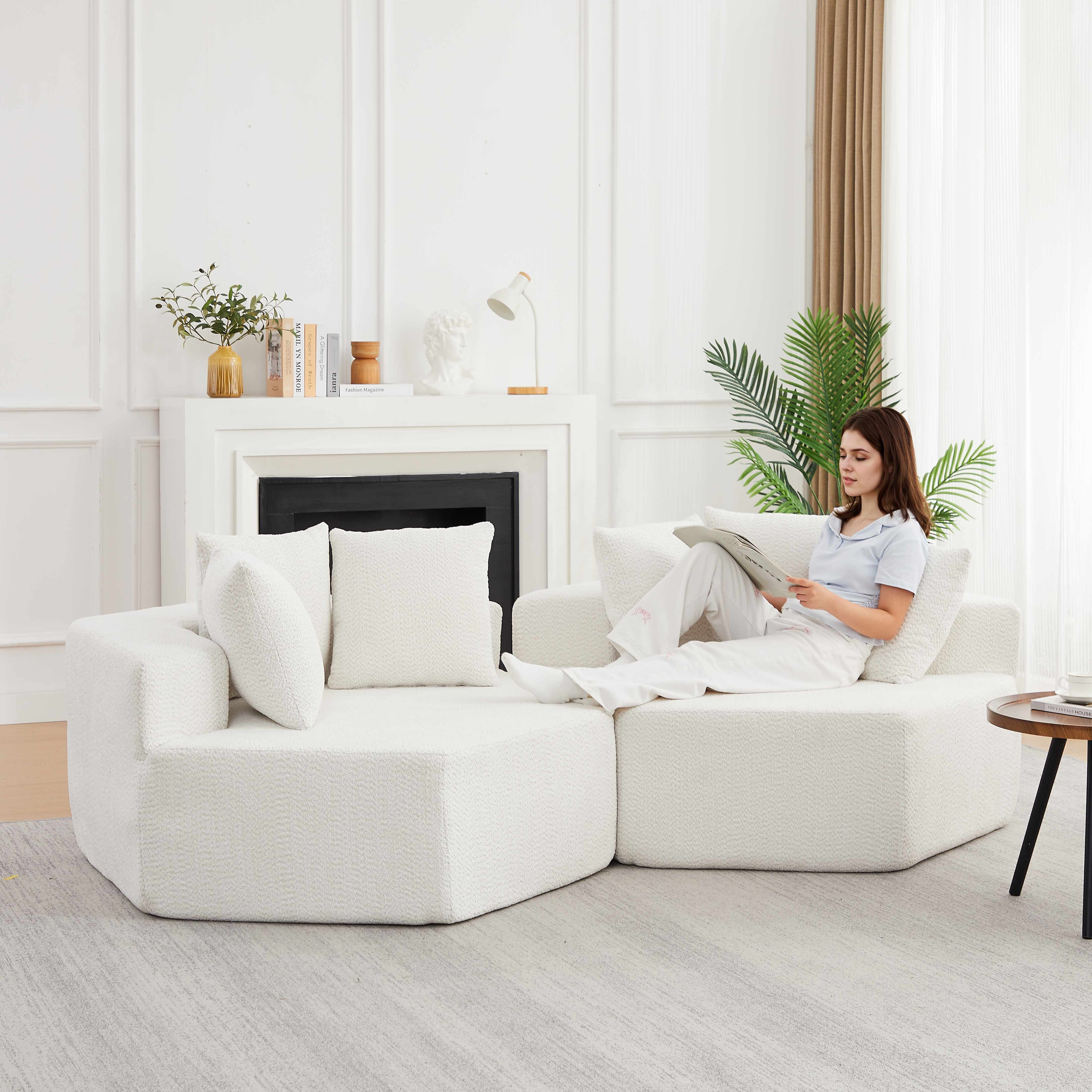 Ensemble canapé jardin ou salon, fauteuil modulaire hexagonal chenille beige avec coussins, design contemporain multifonctionnel