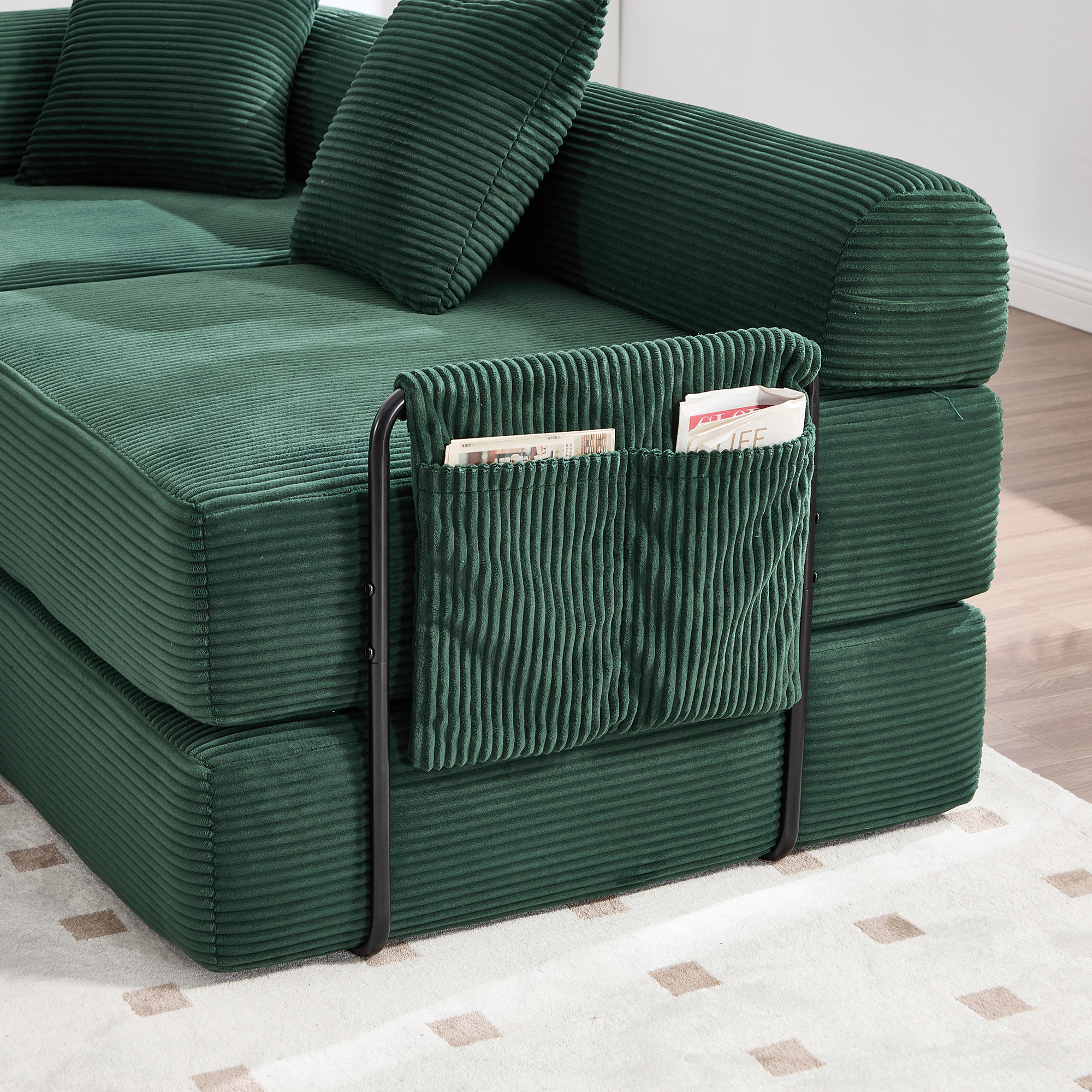 Canapé modulaire avec rangement 270x180x64 cm en velours côtelé vert émeraude, 3 places pour toute la famille