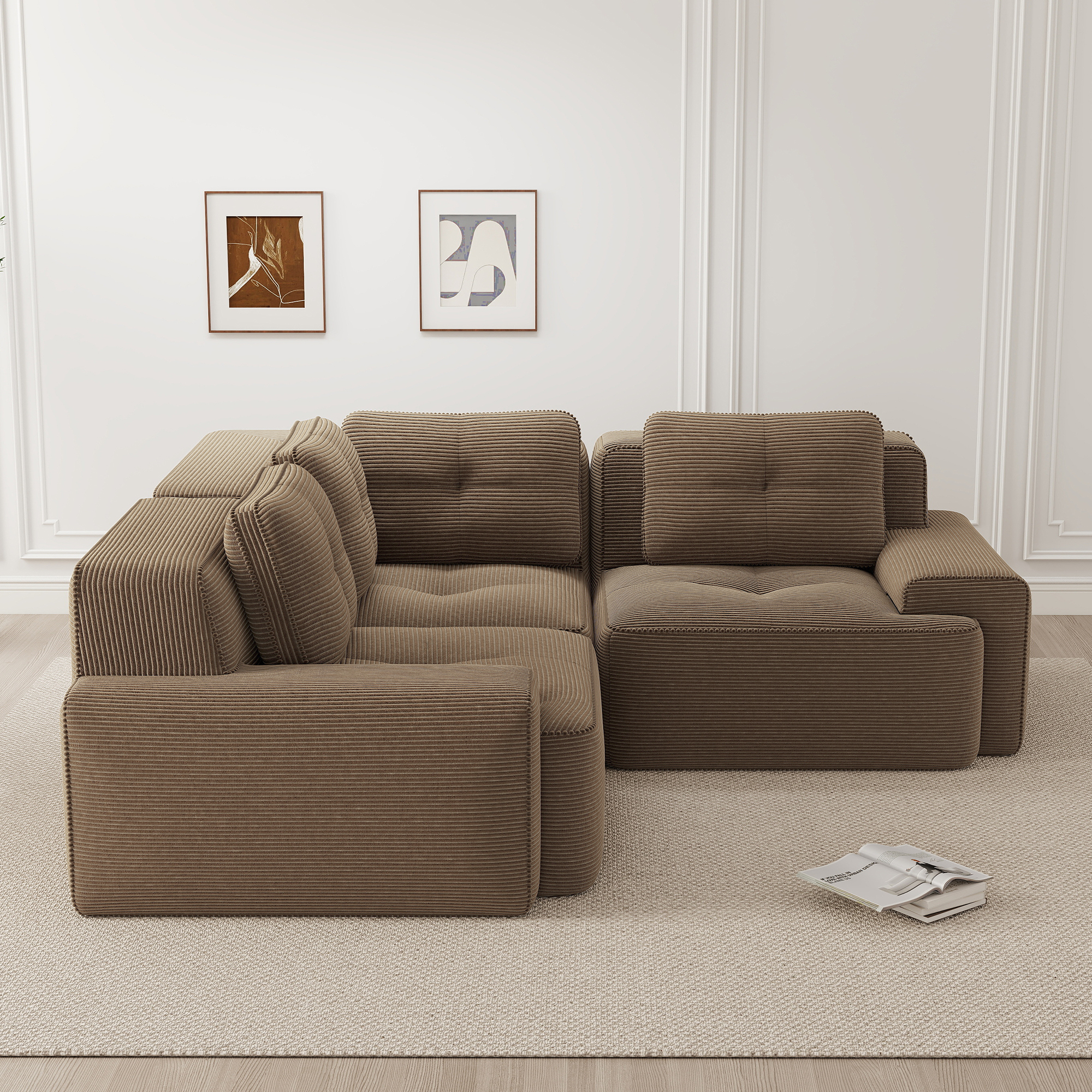 Canapé Modulable Structure Sans Cadre Avec Remplissage Mousse Haute Densité 32D, Revêtement Velours Côtelé Marron