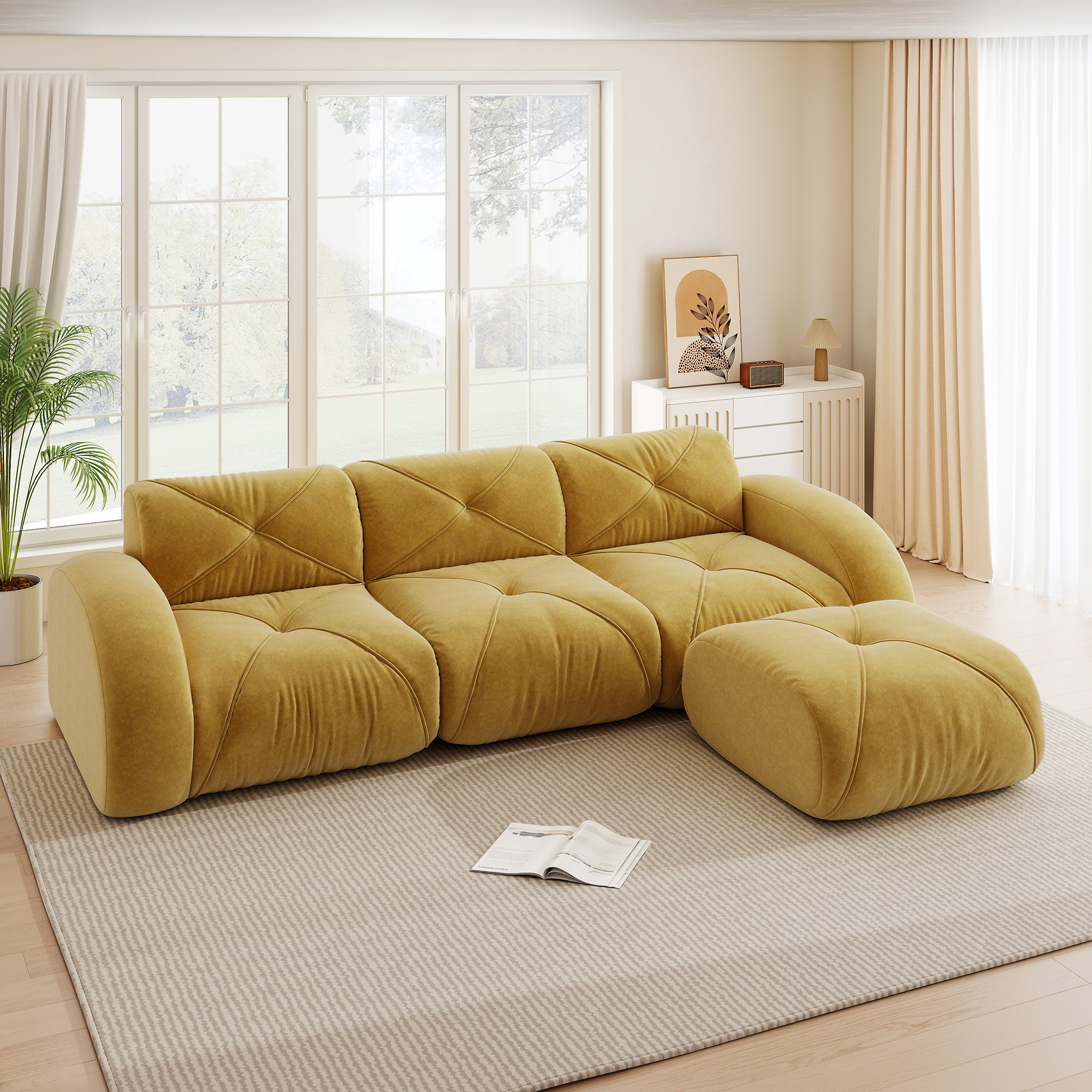 Fauteuil Relax Modulaire L-Forme avec Repose-Pieds, Tissu Chenille Anti-Abrasion Couleur Jaune, Idéal Familles et Animaux