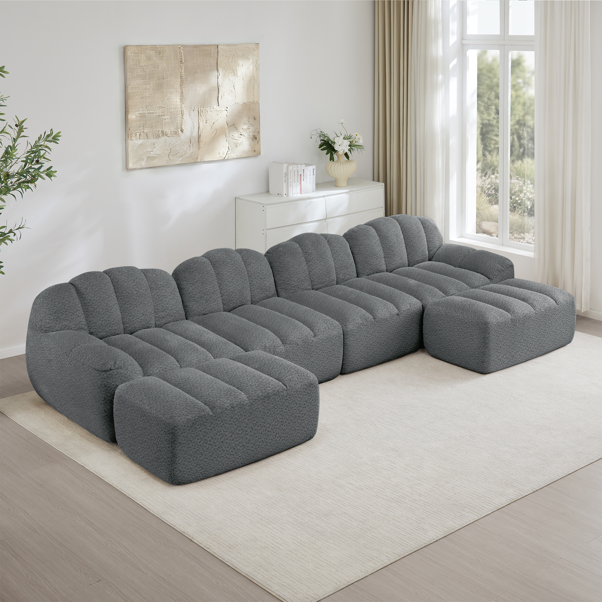 Canapé modulable panoramique en U 4 places, revêtement tissu polaire granuleux gris, structure sans dossier ergonomique et profonde