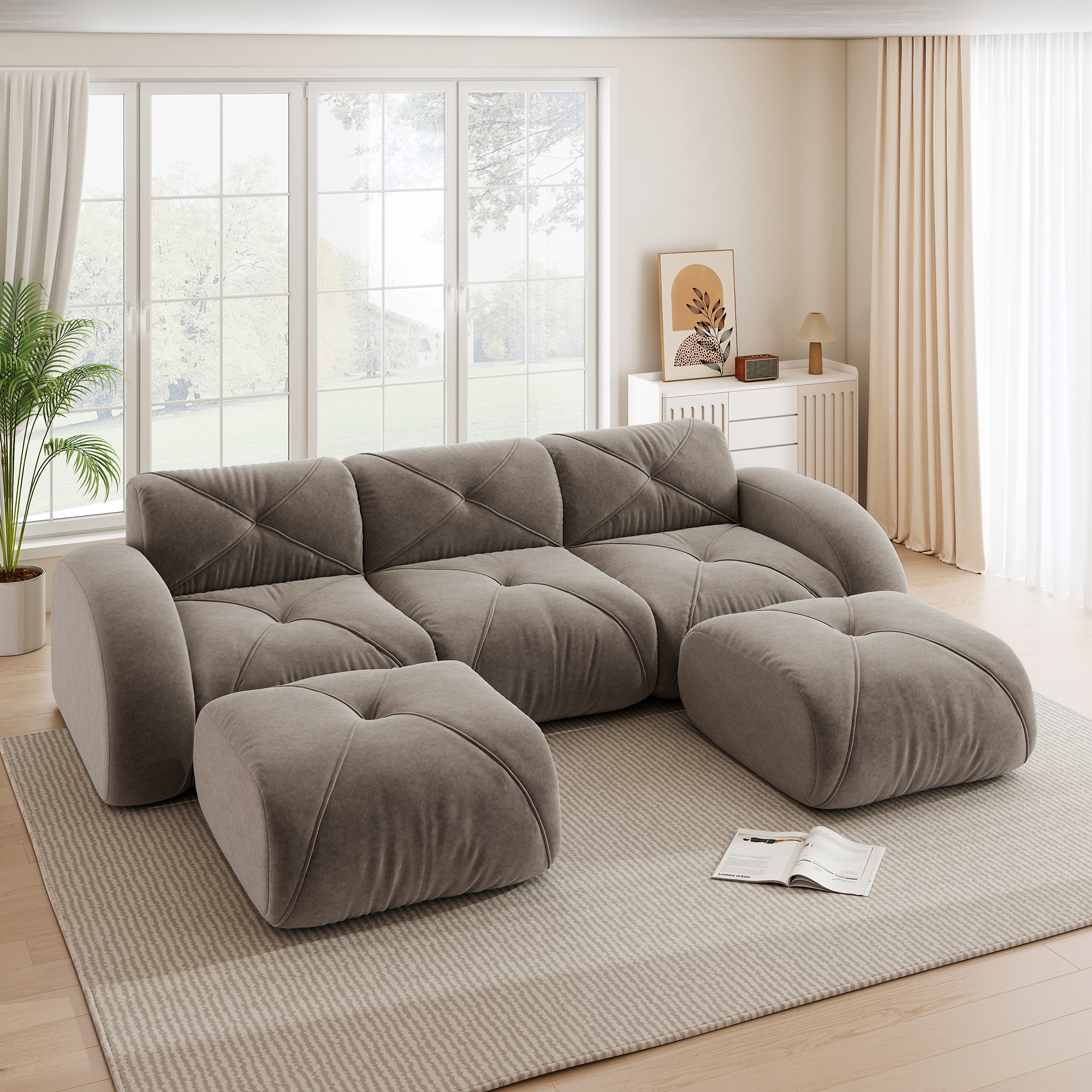 Canapé modulable 3 places en forme de U, revêtement Chenille couleur Taupe, design sans cadre pour salon moderne et élégant