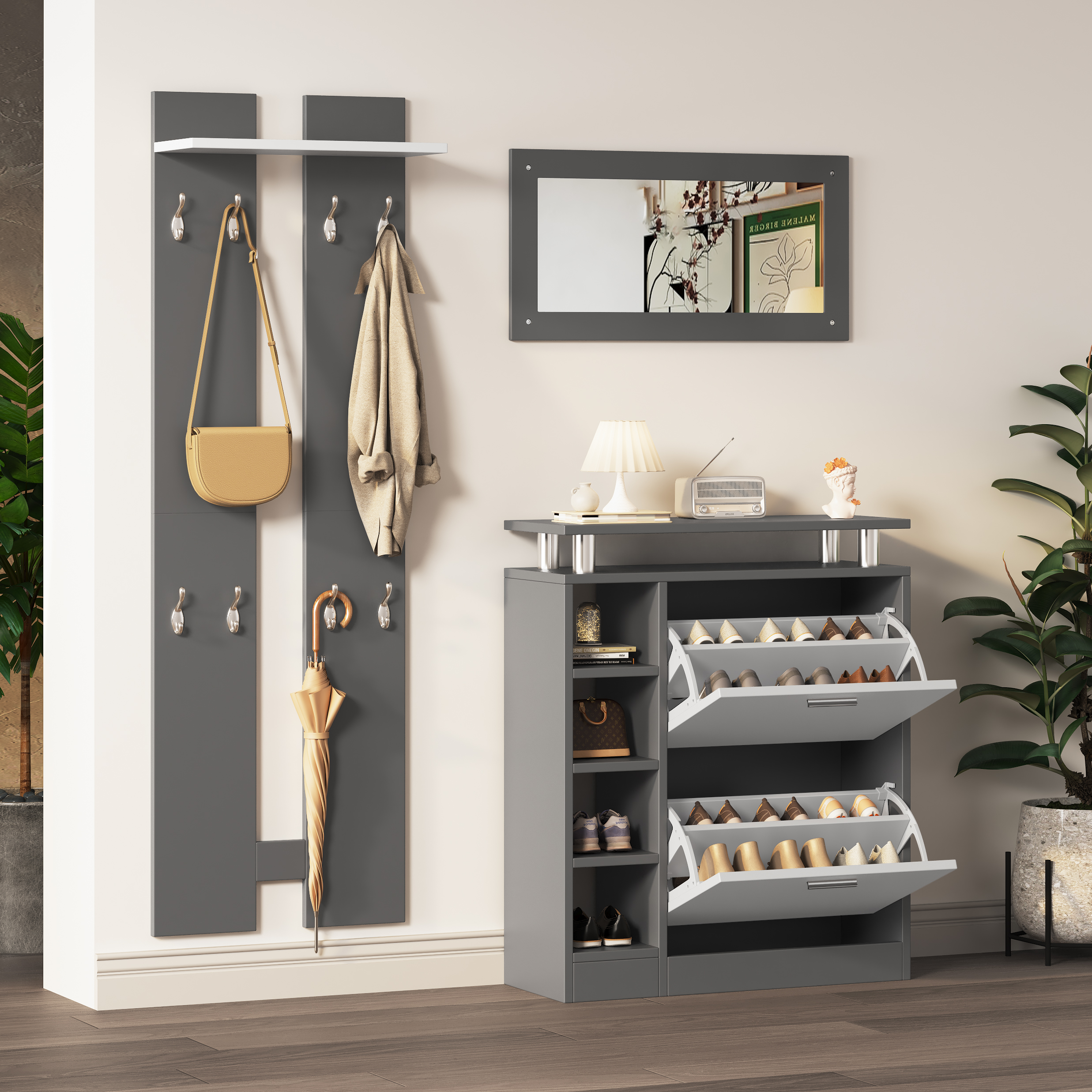 Meuble à chaussures 80x25x96,5 cm avec miroir, ensemble vestiaire entrée moderne gris mat, panneau mural et porte-manteaux